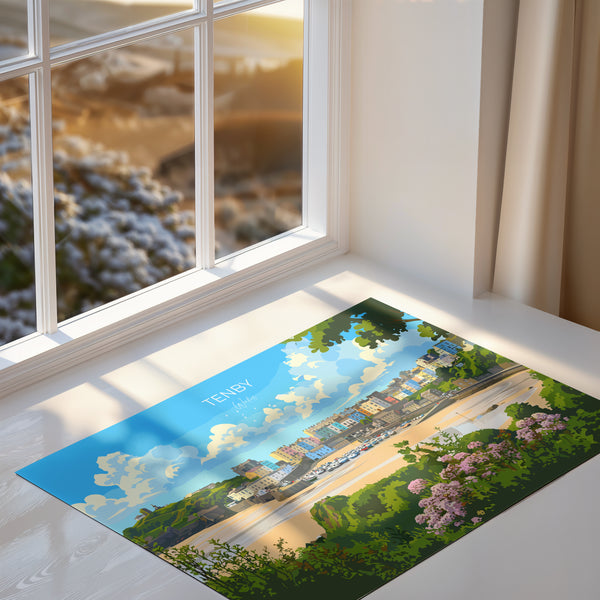 a colorful and detailed illustration of a cityscape, with buildings, trees, and a body of water in the background. The scene is set against a bright, sunny sky, creating a lively and vibrant atmosphere.