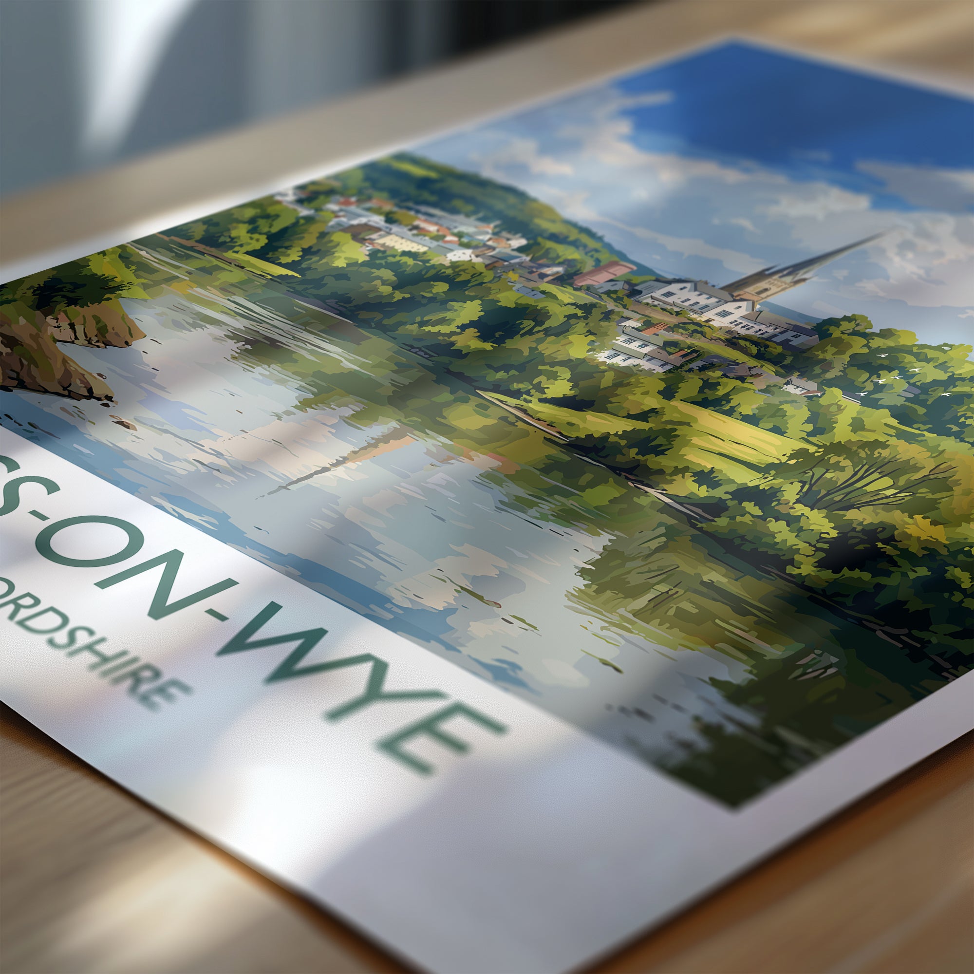A printed poster or booklet featuring a scenic landscape with a castle or cathedral in the background, surrounded by trees and a body of water.