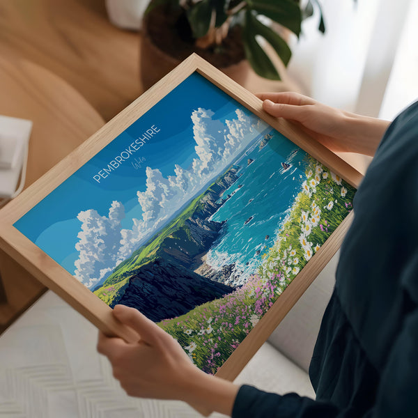 Pembrokeshire Landscape Travel Print, Travel Poster of Pembrokeshire, Wales, Pembrokeshire Art Lovers Gift, Wales Gift Art, Wall Art Print