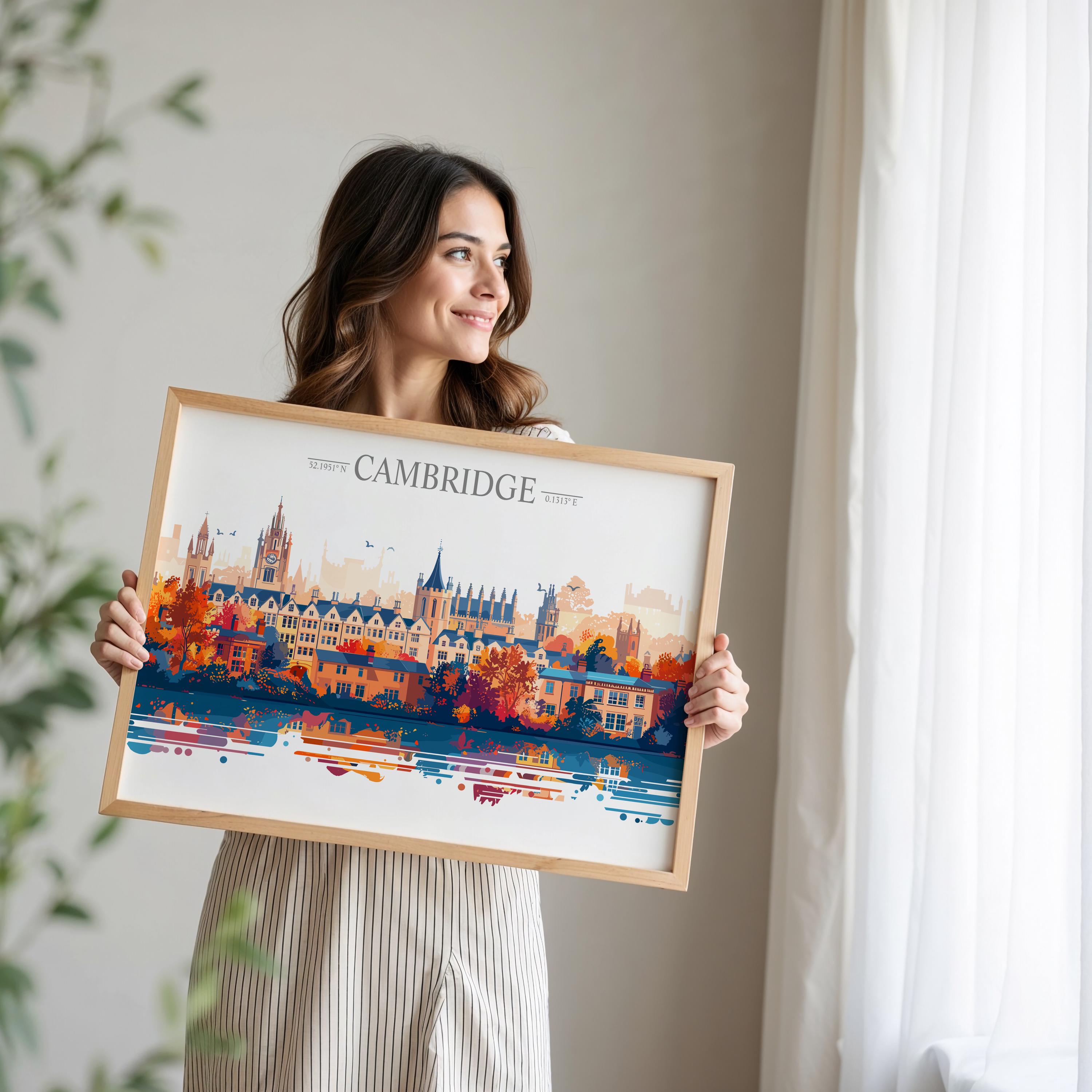 Cambridge Travel Print Skyline Wall Art Landscape, Travel Poster of Cambridge, Cambridge Art Lovers Gift, England Horizontal Art Gift NQ Media Designs