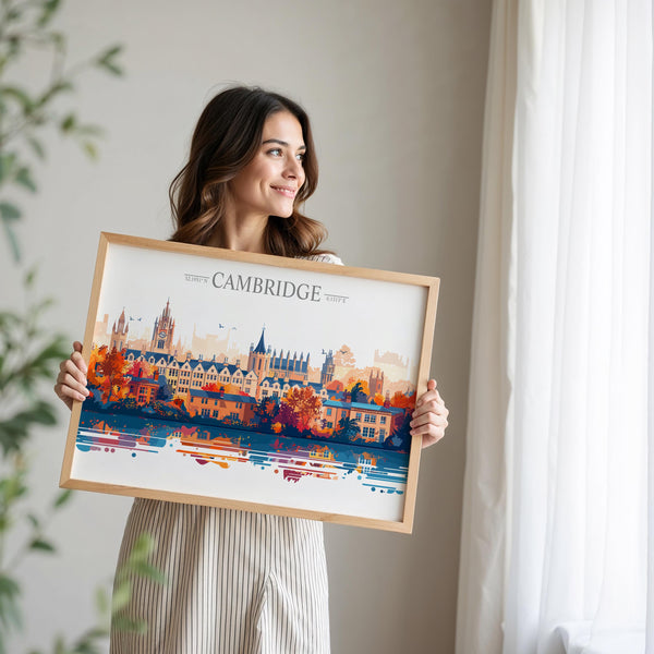 Cambridge Travel Print Skyline Wall Art Landscape, Travel Poster of Cambridge, Cambridge Art Lovers Gift, England Horizontal Art Gift