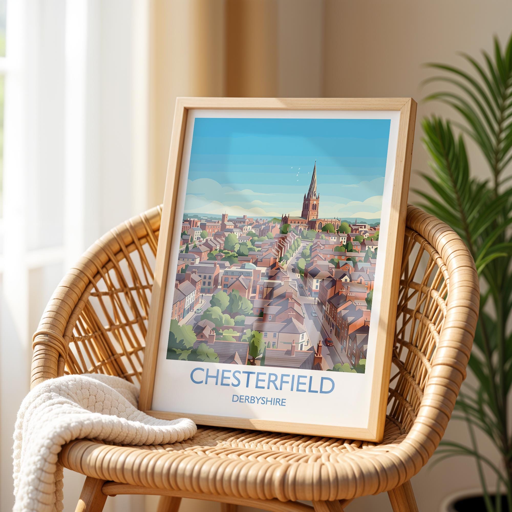 Chesterfield Travel Poster, Crooked Spire Church Wall Art, Derbyshire Town Print, St Marys Church Illustration, Chesterfield Gift NQ Media Designs