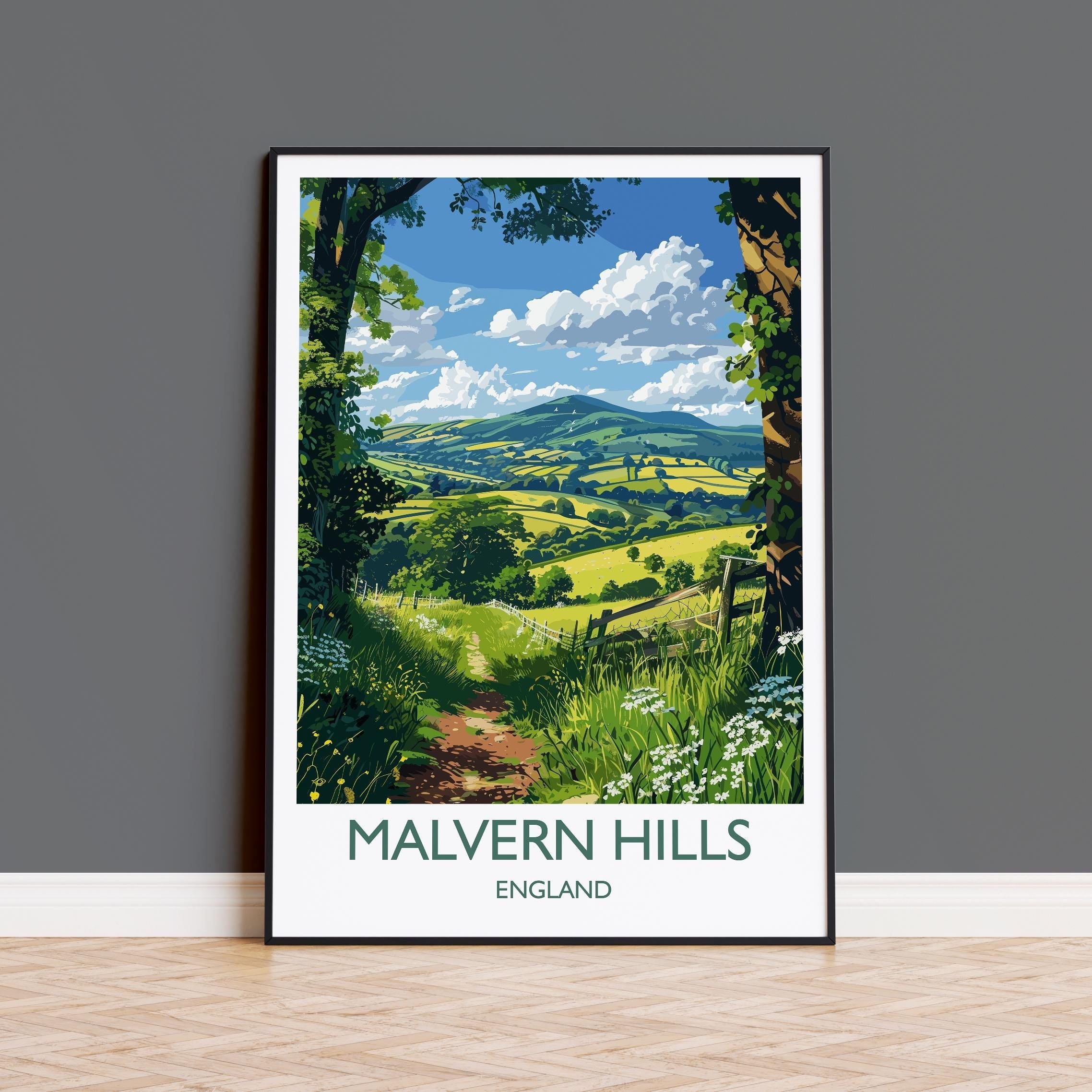 Malvern Hills Travel Poster Wall Art, Malvern Hills Travel Print, English Countryside Art Gift, Wall Art Print NQ Media Designs