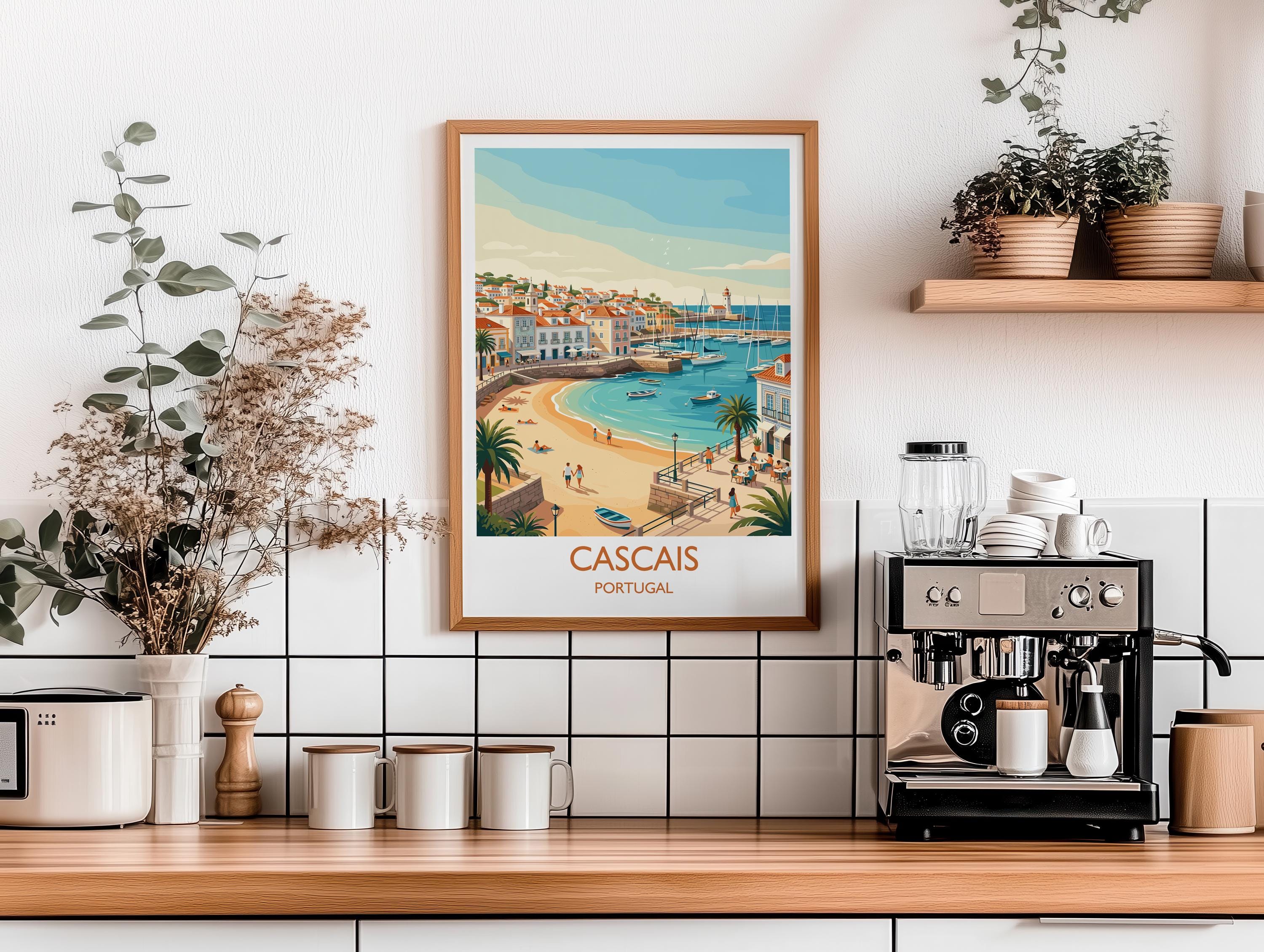 Cascais Portugal Travel Poster, Portuguese Coast Wall Art, Seaside Town Print, Atlantic Ocean Landscape Illustration, Europe Decor