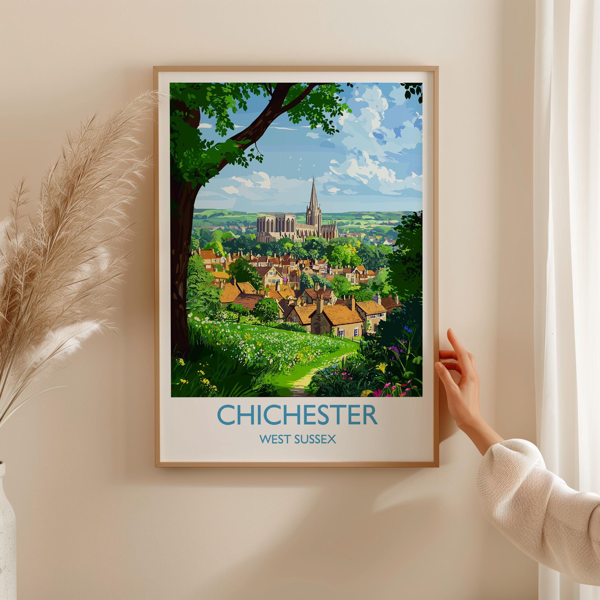 Chichester Travel Poster Wall Art, West Sussex Travel Print, English Countryside Art Gift, Wall Art Print NQ Media Designs