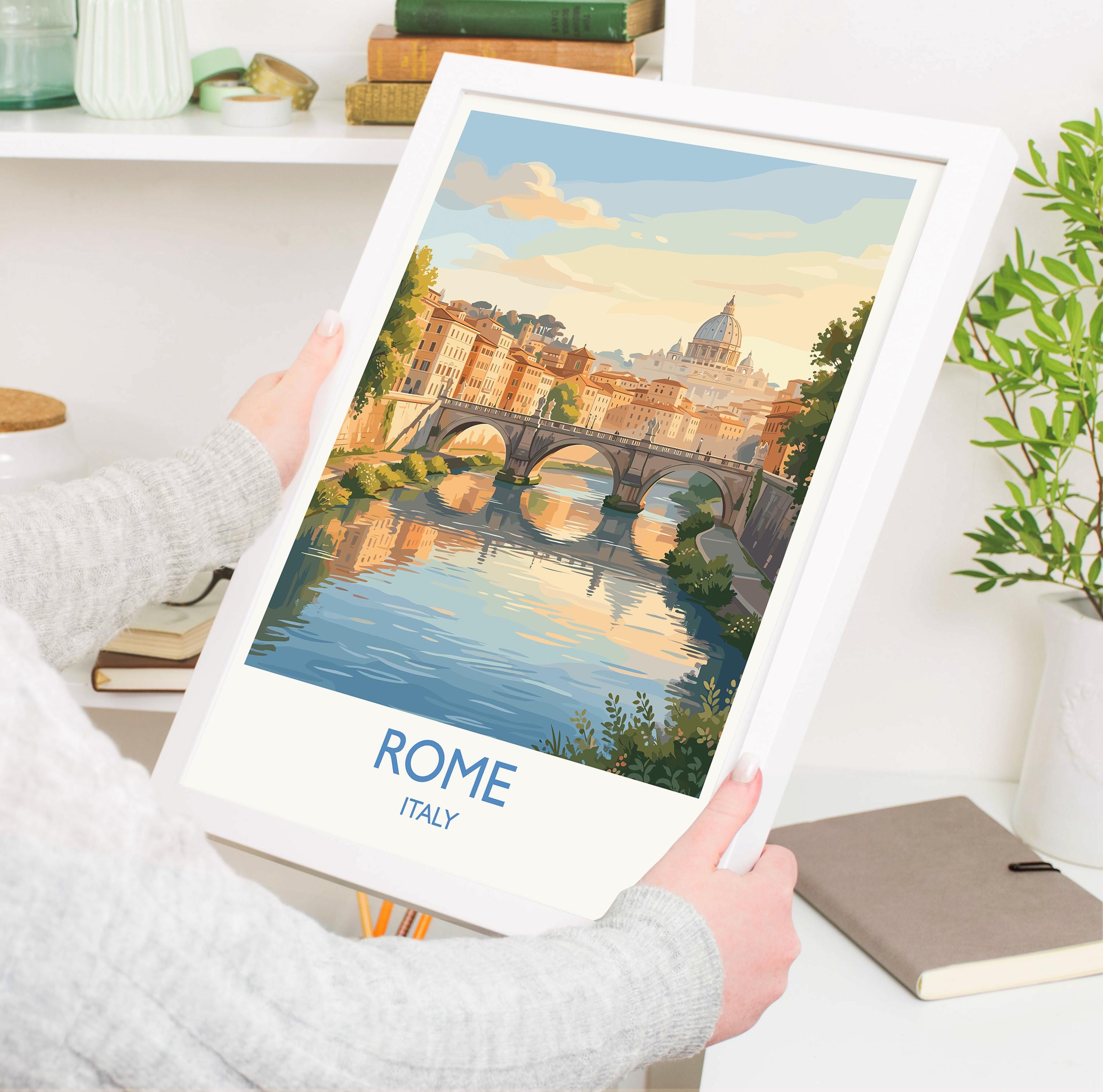 Rome Tiber River Travel Poster, Rome Skyline Wall Art, Historic Bridge & Cityscape Print, Italy Landscape Illustration, Europe Decor