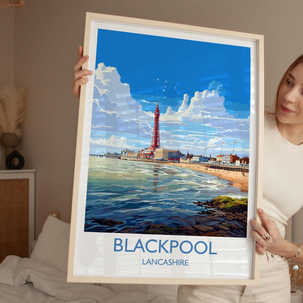 Blackpool Travel Poster Wall Art, Travel Print of Blackpool, England, Lancashire Seaside Art Lovers Gift, Travel Art Gift
