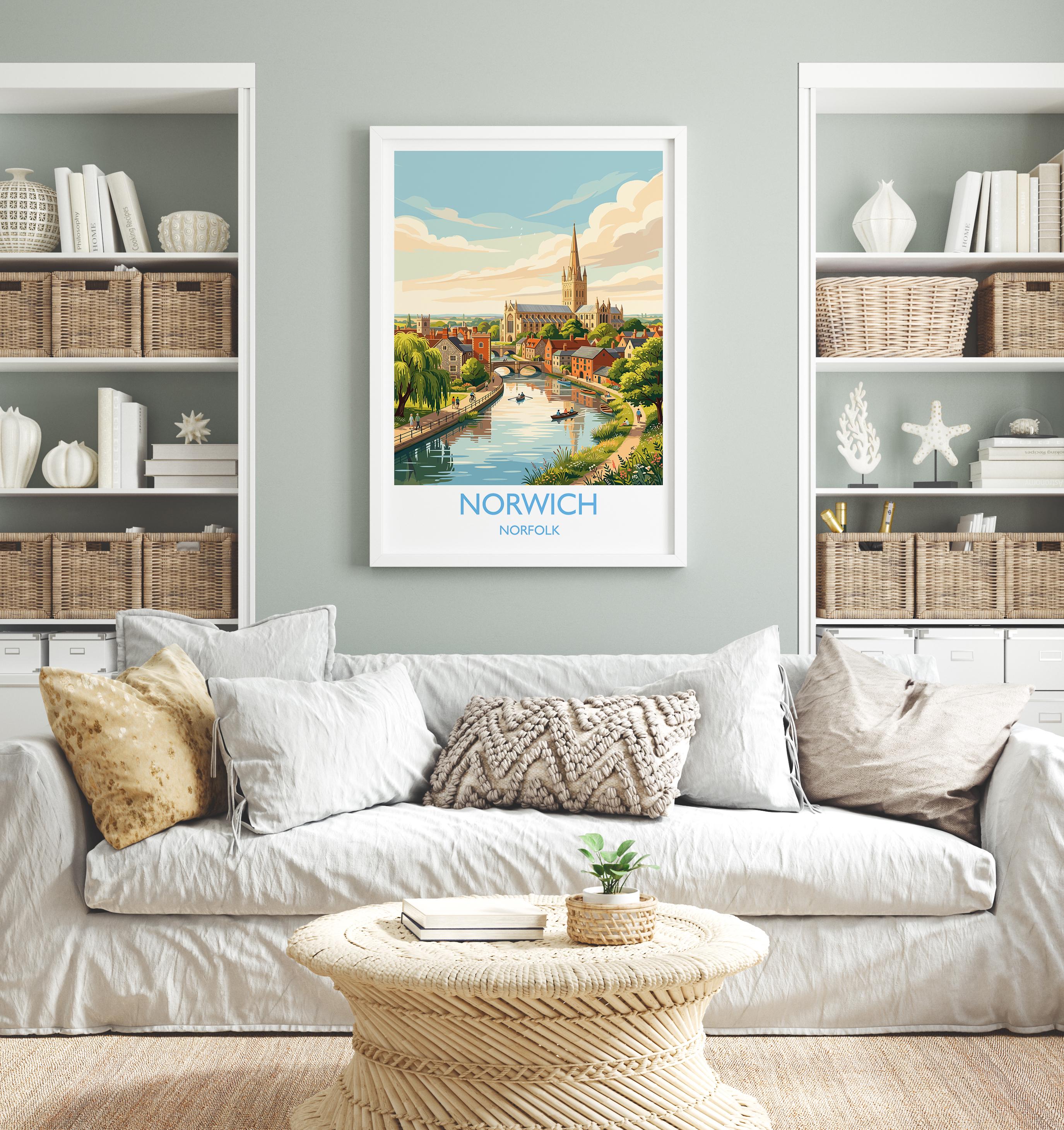 Norwich Norfolk Print, Historic Cathedral City Wall Art, English City Travel Poster, Norfolk Decor, UK Gift