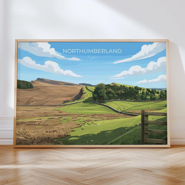 Northumberland Travel Poster Landscape, Travel Print of Northumberland Countryside, Hadrians Wall, England, Housesteads Fort Art,