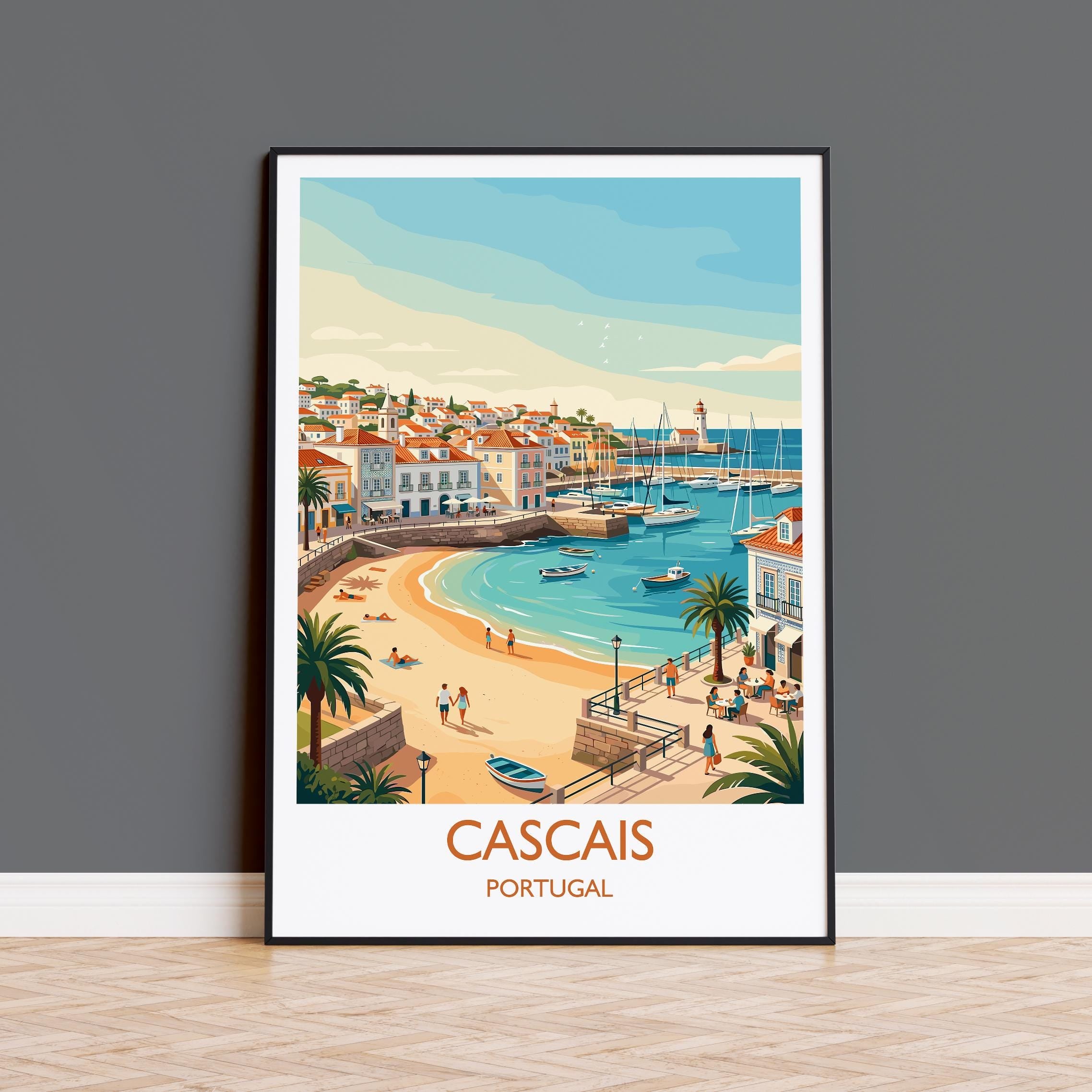 Cascais Portugal Travel Poster, Portuguese Coast Wall Art, Seaside Town Print, Atlantic Ocean Landscape Illustration, Europe Decor