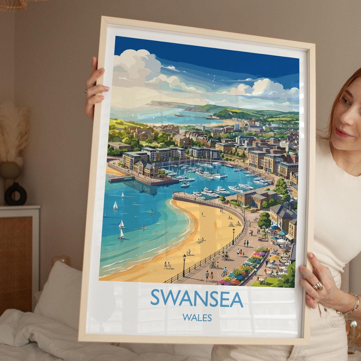Swansea Print, Mumbles Wall Art with Border, Welsh Coast Poster, Wales Travel Print, Swansea Gift Print