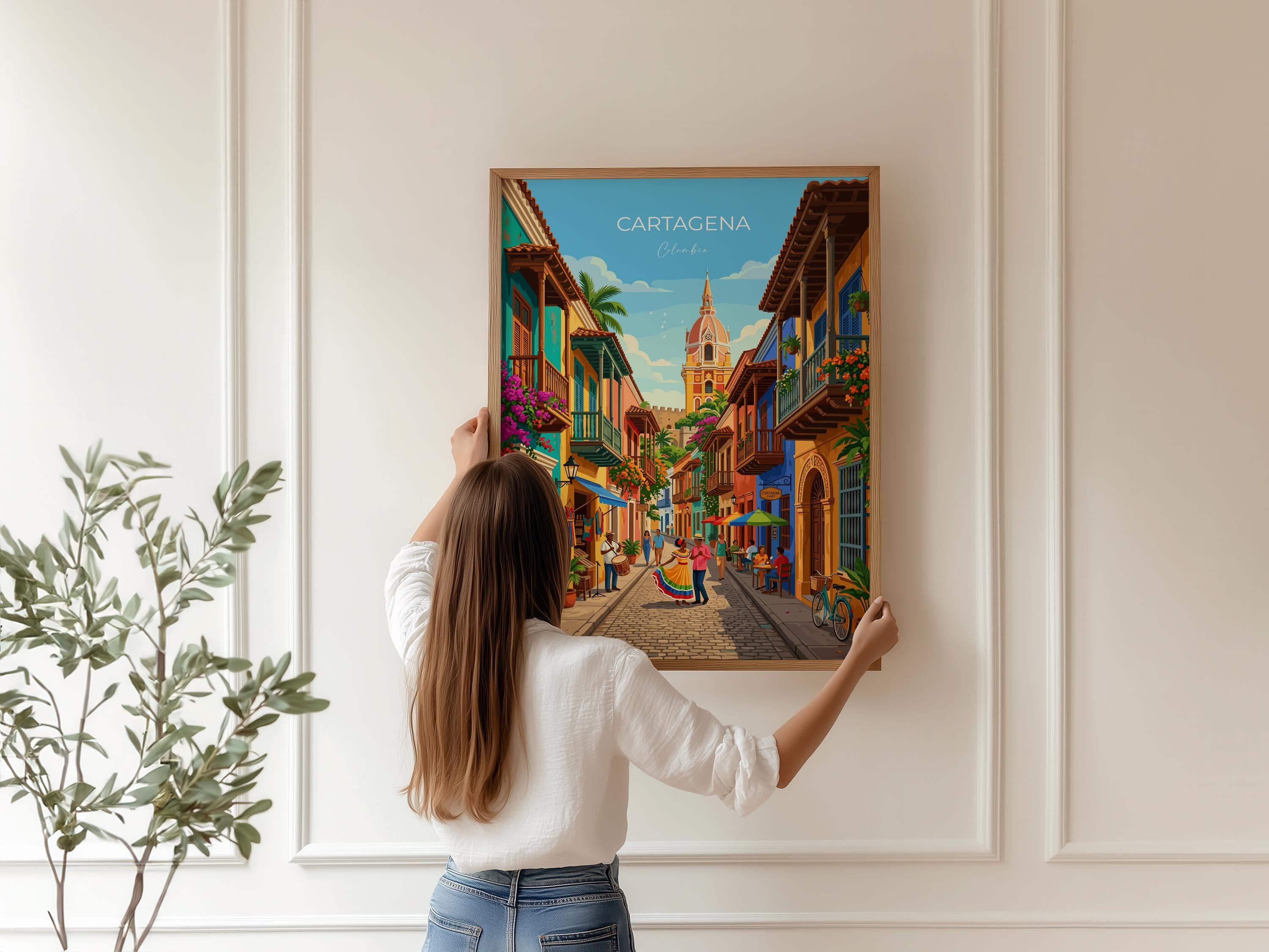 Cartagena Colombia Travel Print, Colourful Old Town Street Art, Cartagena Street Scene Poster, Caribbean Travel Wall Art, Vintage Style
