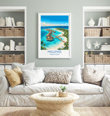 Maldives Indian Ocean Travel Poster, Tropical Island Wall Art, Maldives Beach Print, Overwater Bungalows, Luxury Island Travel Poster