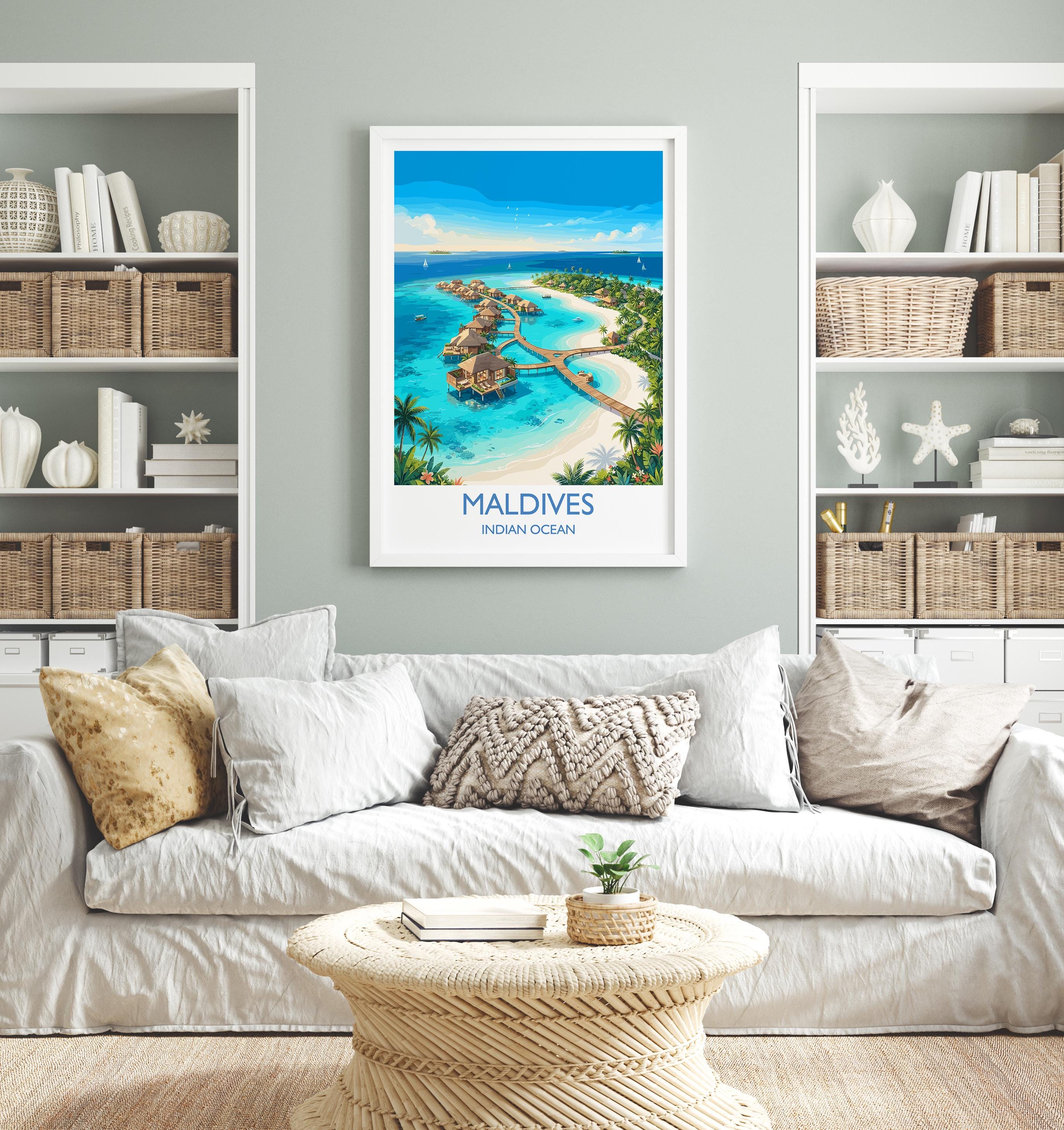 Maldives Indian Ocean Travel Poster, Tropical Island Wall Art, Maldives Beach Print, Overwater Bungalows, Luxury Island Travel Poster