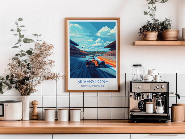 Silverstone Travel Poster Wall Art, Travel Print of Silverstone, Motorsport Art Lovers Gift, Northamptonshire, English Countryside