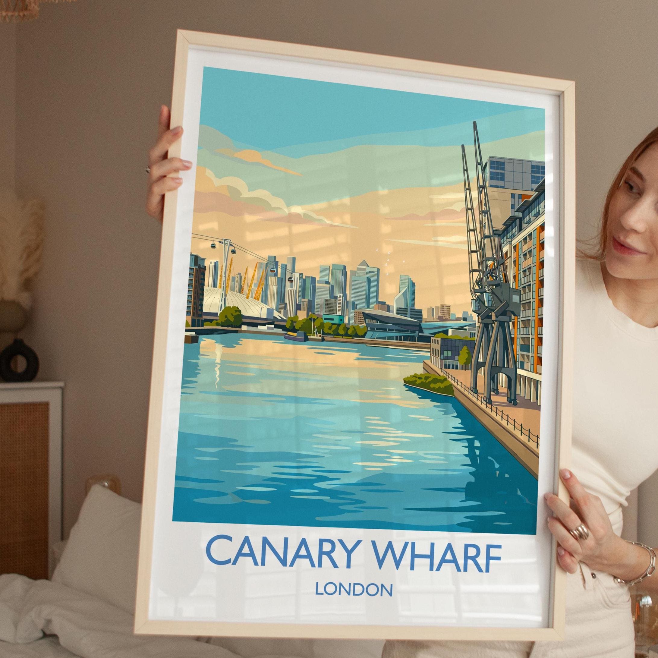 Canary Wharf London Travel Poster, Royal Victoria Dock Wall Art, London Skyline Print, O2 & Cable Car, East London Travel Poster
