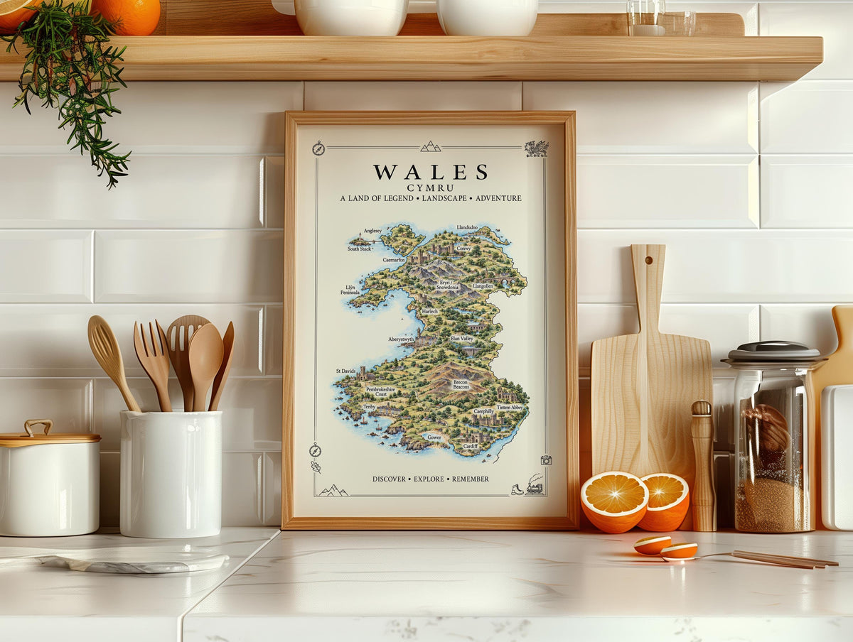 Wales Illustrated Map Print, Welsh Wall Art, Snowdonia Map Poster, Framed or Canvas Print, Wales Gift Print