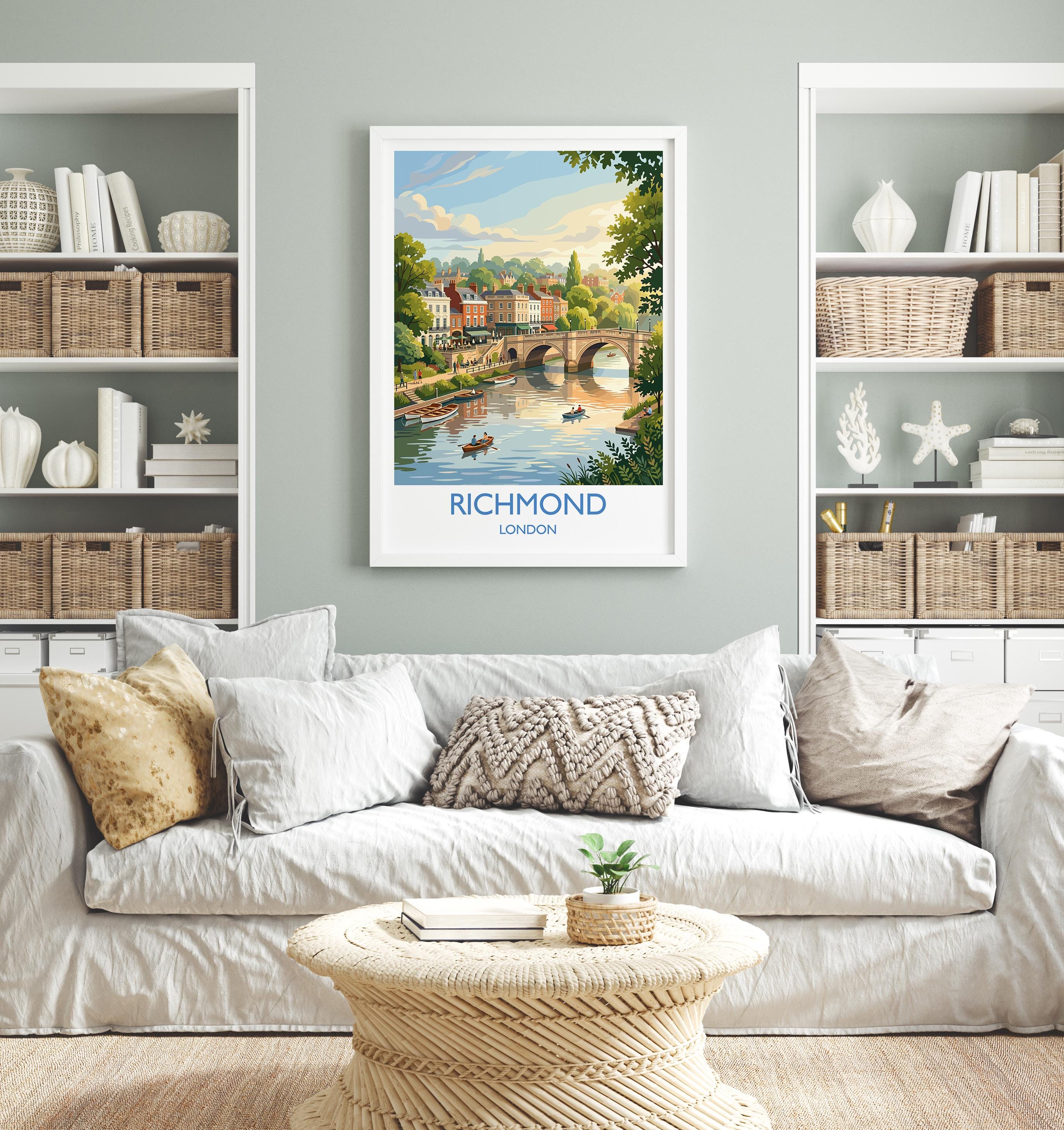 Richmond upon Thames Travel Poster, Richmond Bridge River Thames Wall Art, London Riverside Print, Historic Town Art, Vintage Style UK Decor