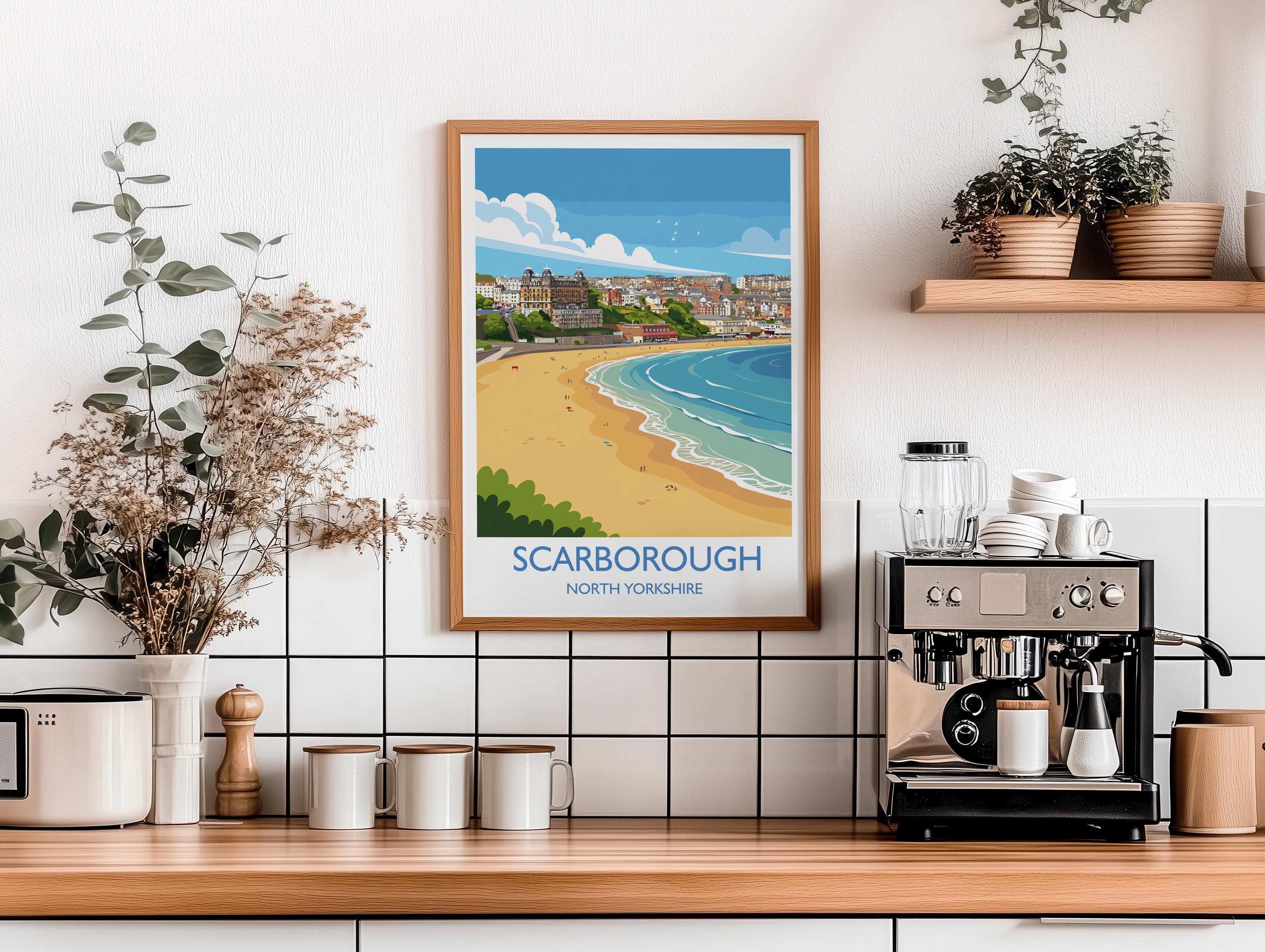 Scarborough Beach Travel Print, Travel Poster of Scarborough, North Yorkshire Gift, England, Scarborough Gift, Wall Art Print NQ Media Designs