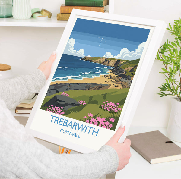 Trebarwith Travel Print, Travel Poster of Trebarwith, England, Cornwall Art, Trebarwith Art Lovers Gift, Wall Art Print