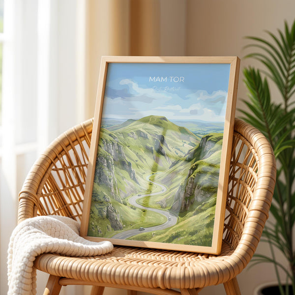 Mam Tor Travel Print, Peak District Wall Art, Derbyshire Landscape Poster, Great Ridge Illustration, UK Nature Decor, Peak District Gift