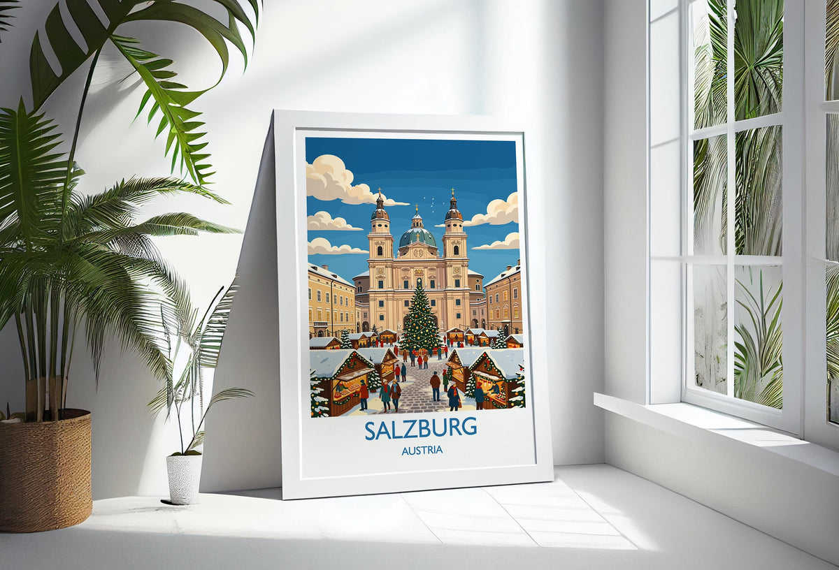 Salzburg Christmas Market Print, Austria Winter Wall Art with Border, Salzburg Cathedral Poster, Austrian Travel Print, Salzburg Gift