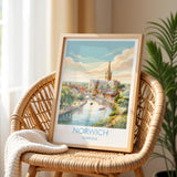 Norwich Norfolk Print, Historic Cathedral City Wall Art, English City Travel Poster, Norfolk Decor, UK Gift