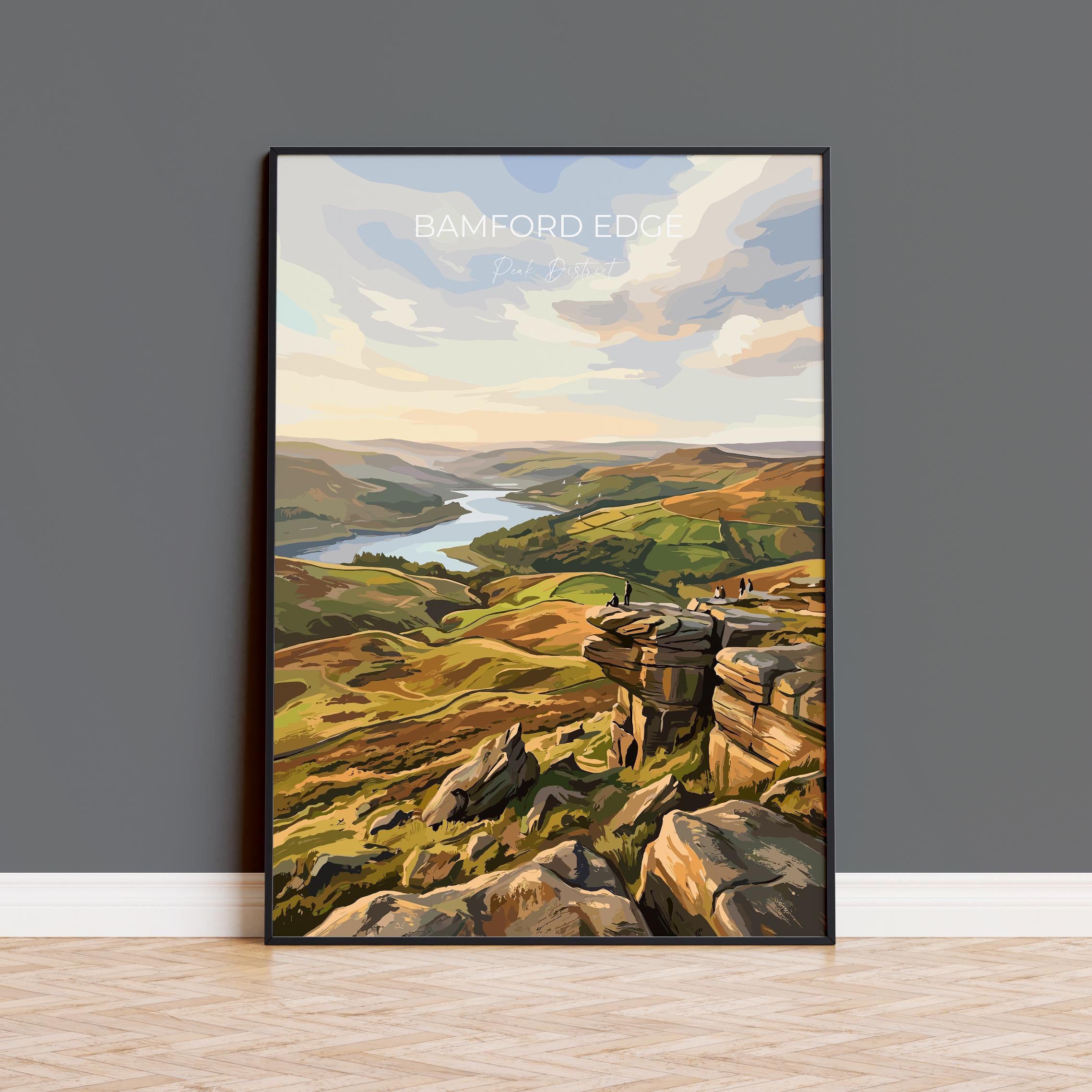 Bamford Edge Travel Print, Peak District Wall Art, Derbyshire Landscape Poster, Hope Valley View Illustration, Vintage Style UK Nature Decor