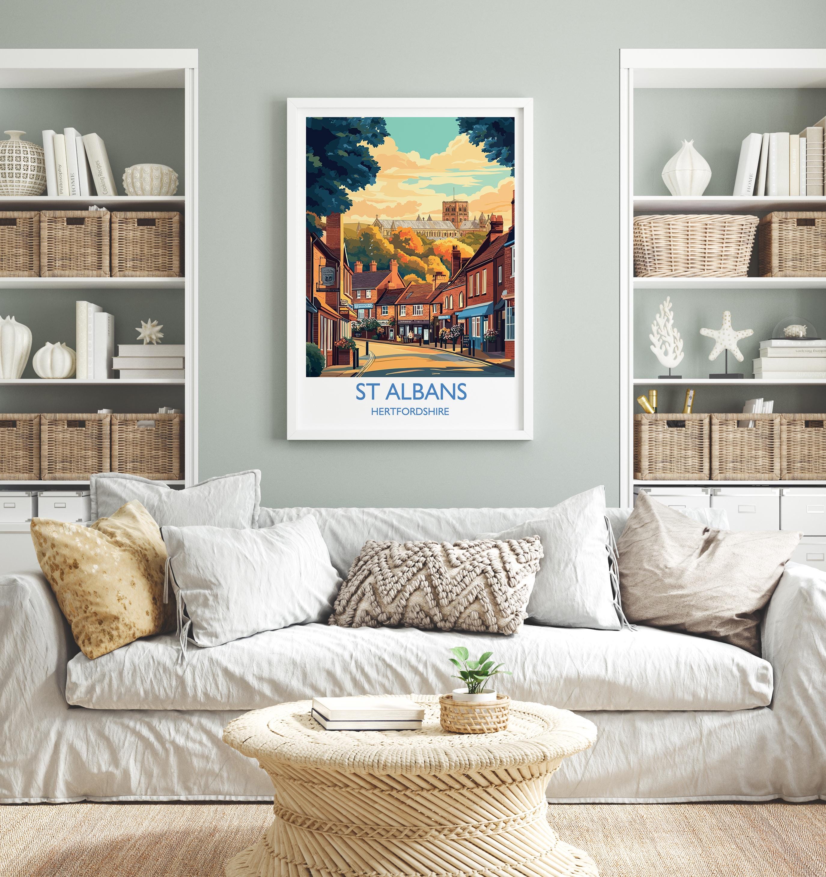 St Albans Travel Poster Wall Art, Travel Print of St Albans, Hertfordshire, England, English Cathedral City Gift NQ Media Designs