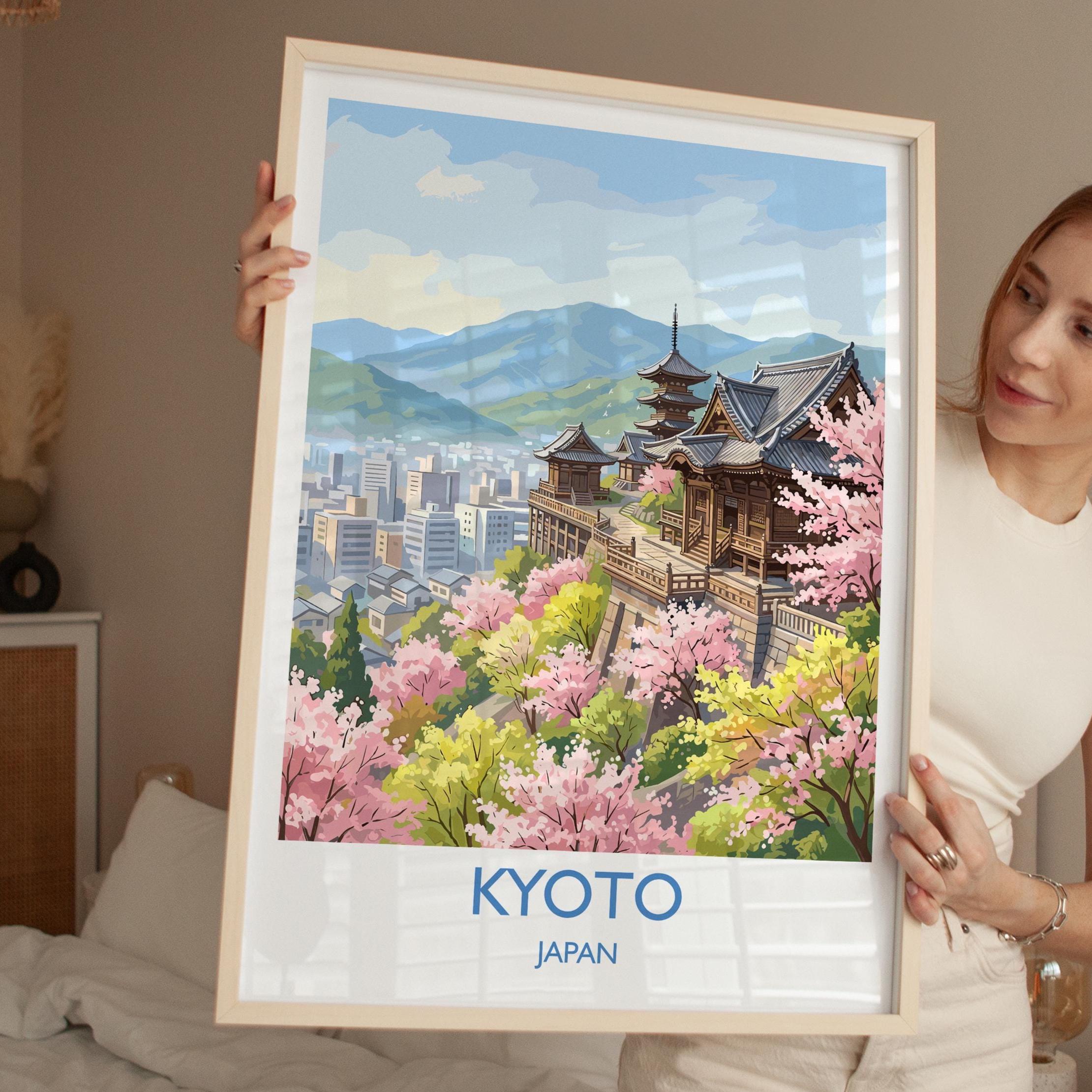 Kyoto Japan Travel Poster, Cherry Blossom Temple Wall Art, Japanese Landscape Print, Sakura Illustration, Asia Decor, Kyoto Gift