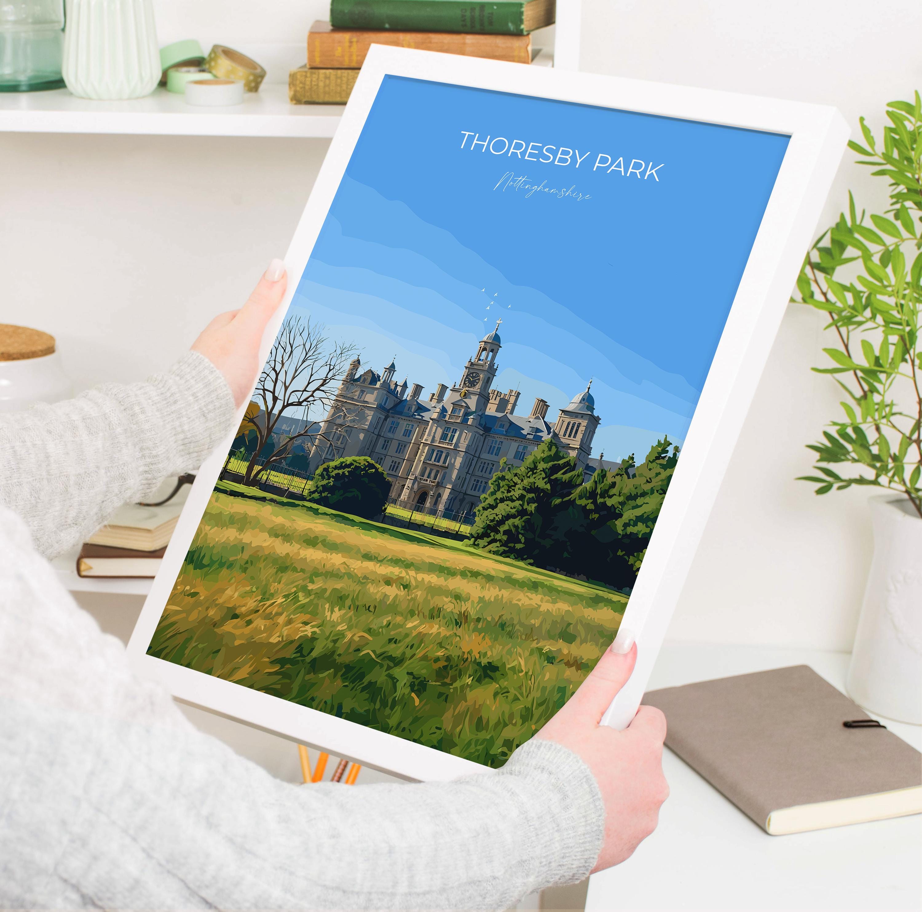 Thoresby Park Travel Print Wall Art, Travel Poster of Thoresby Park, Thoresby Hall, Nottinghamshire, England, English Countryside Art Gift NQ Media Designs