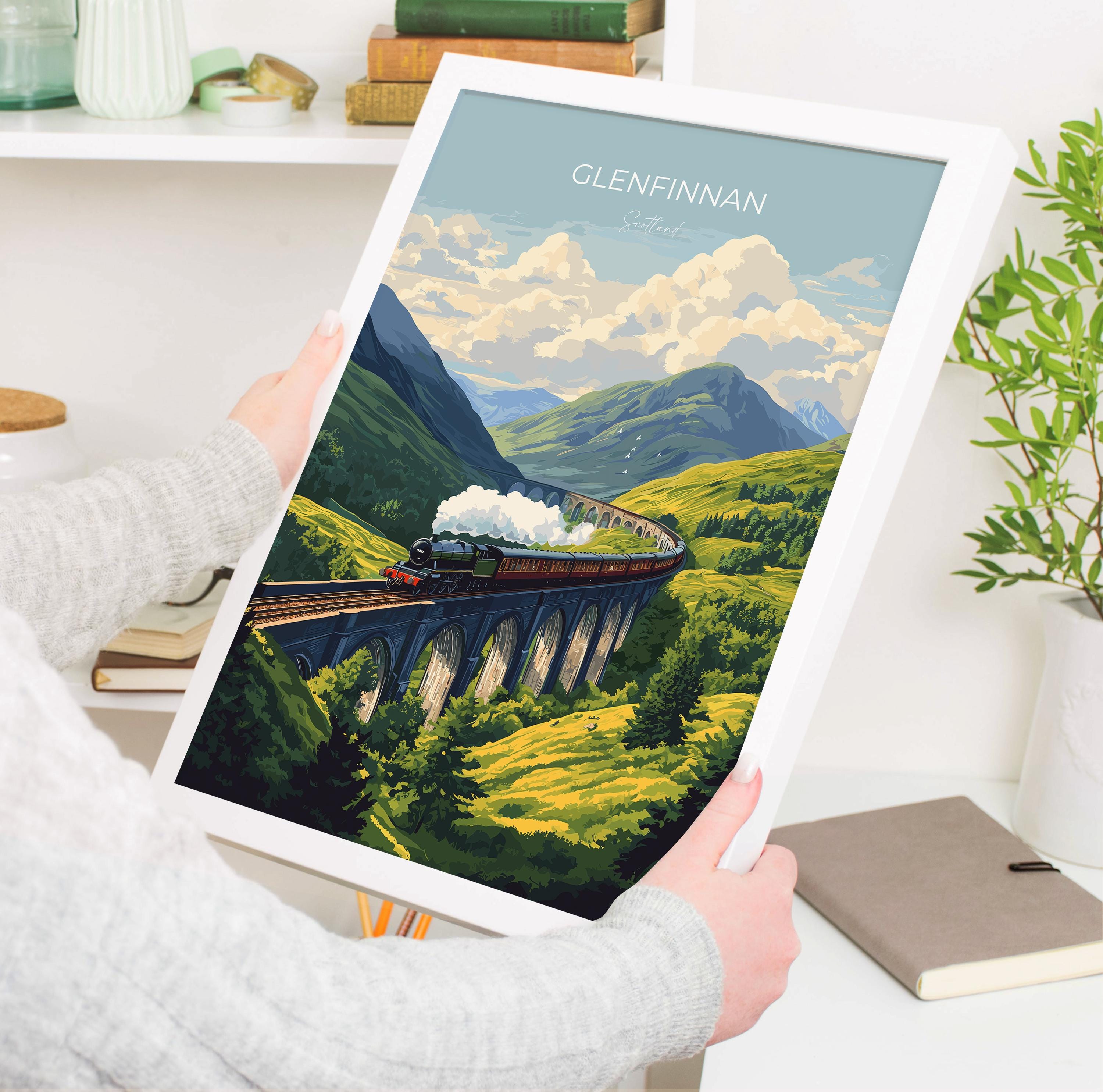 Glenfinnan Viaduct Travel Poster Wall Art, Scottish Highlands Art, Railway Bridge Print, Scotland Landscape, Steam Train Decor Artwork NQ Media Designs