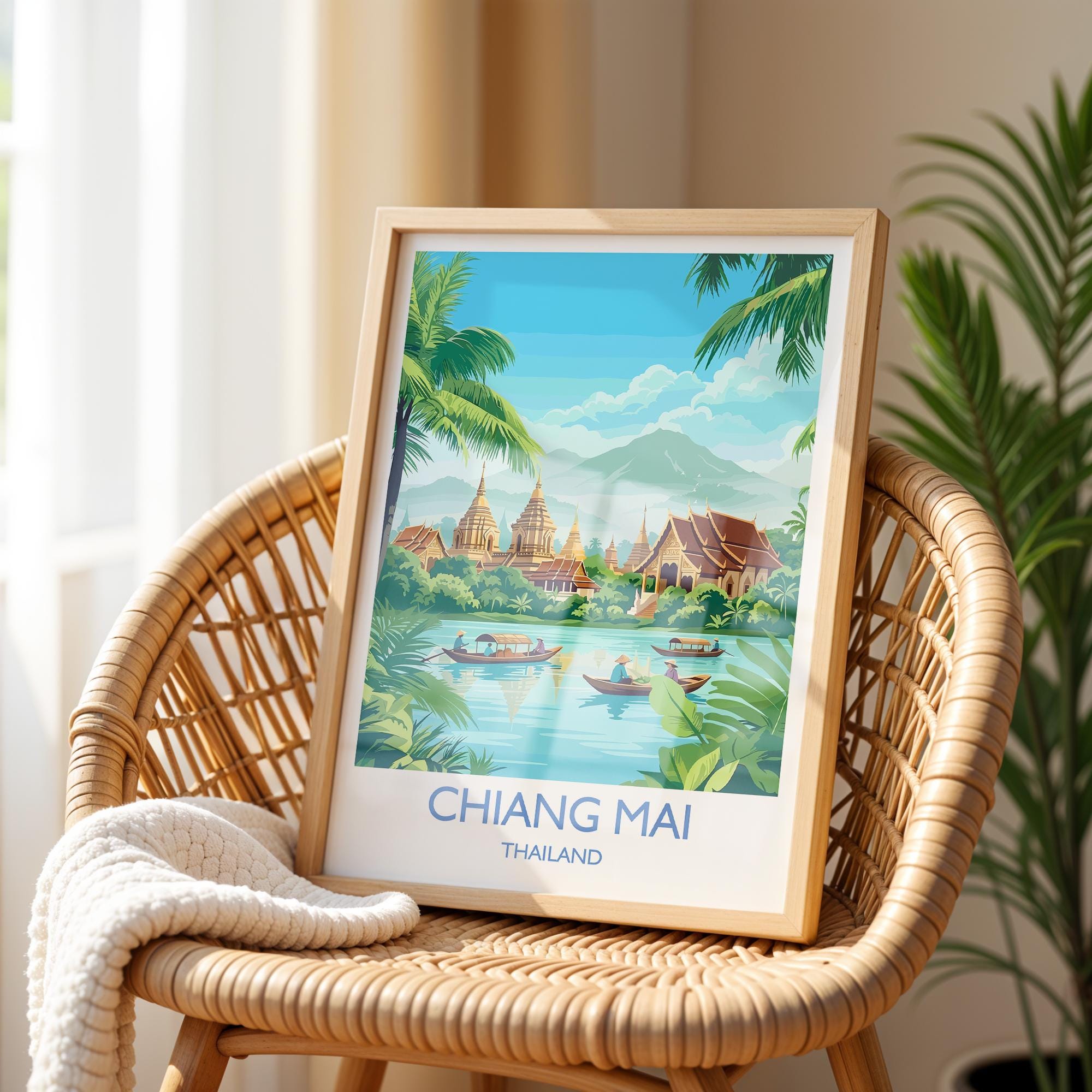 A framed poster of a tropical landscape with palm trees, mountains, and boats in the water, depicting the city of Chiang Mai, Thailand.