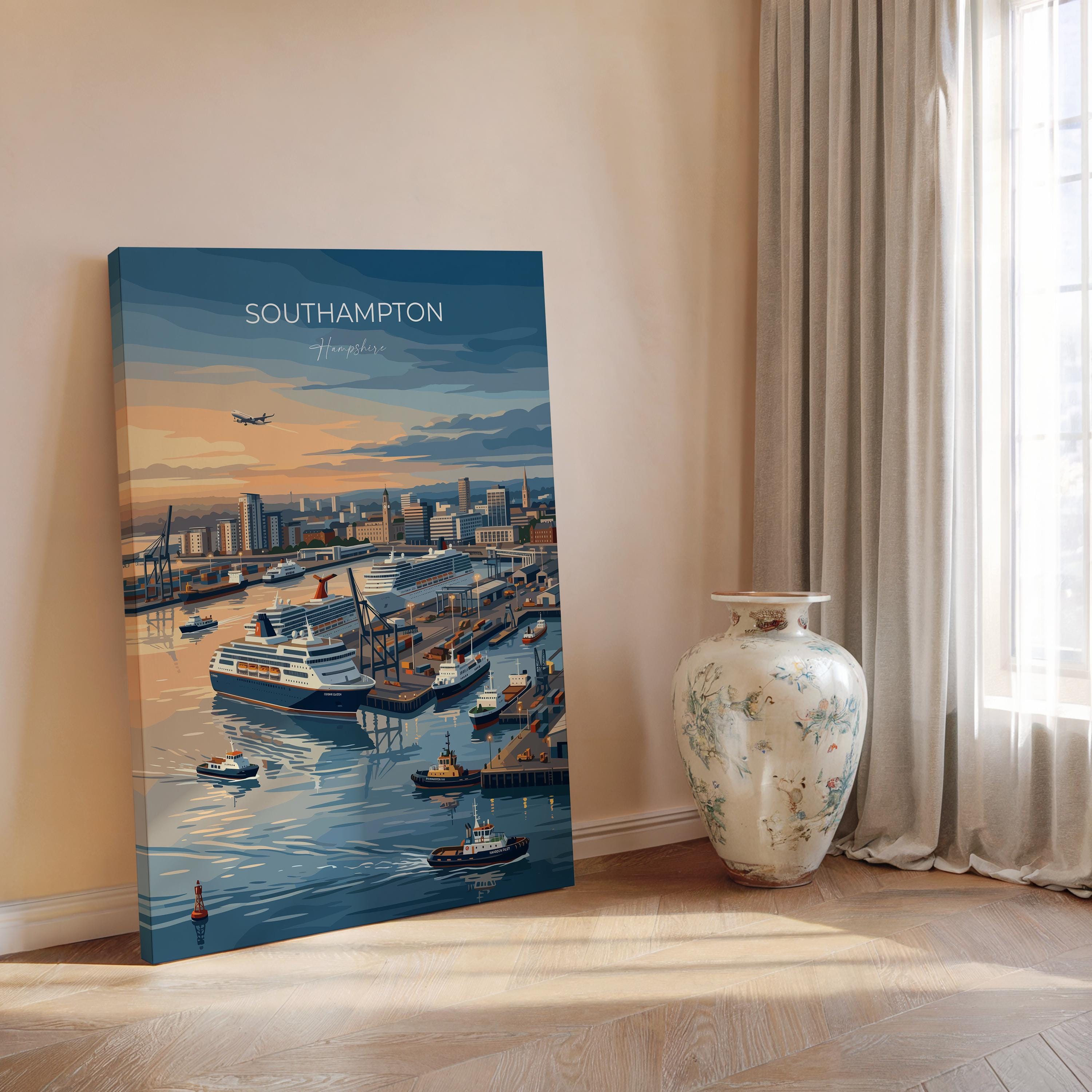 Southampton Port Travel Print, Southampton Docks Wall Art, Cruise Ship Harbour Poster, Historic Port Illustration, UK Coastal Decor
