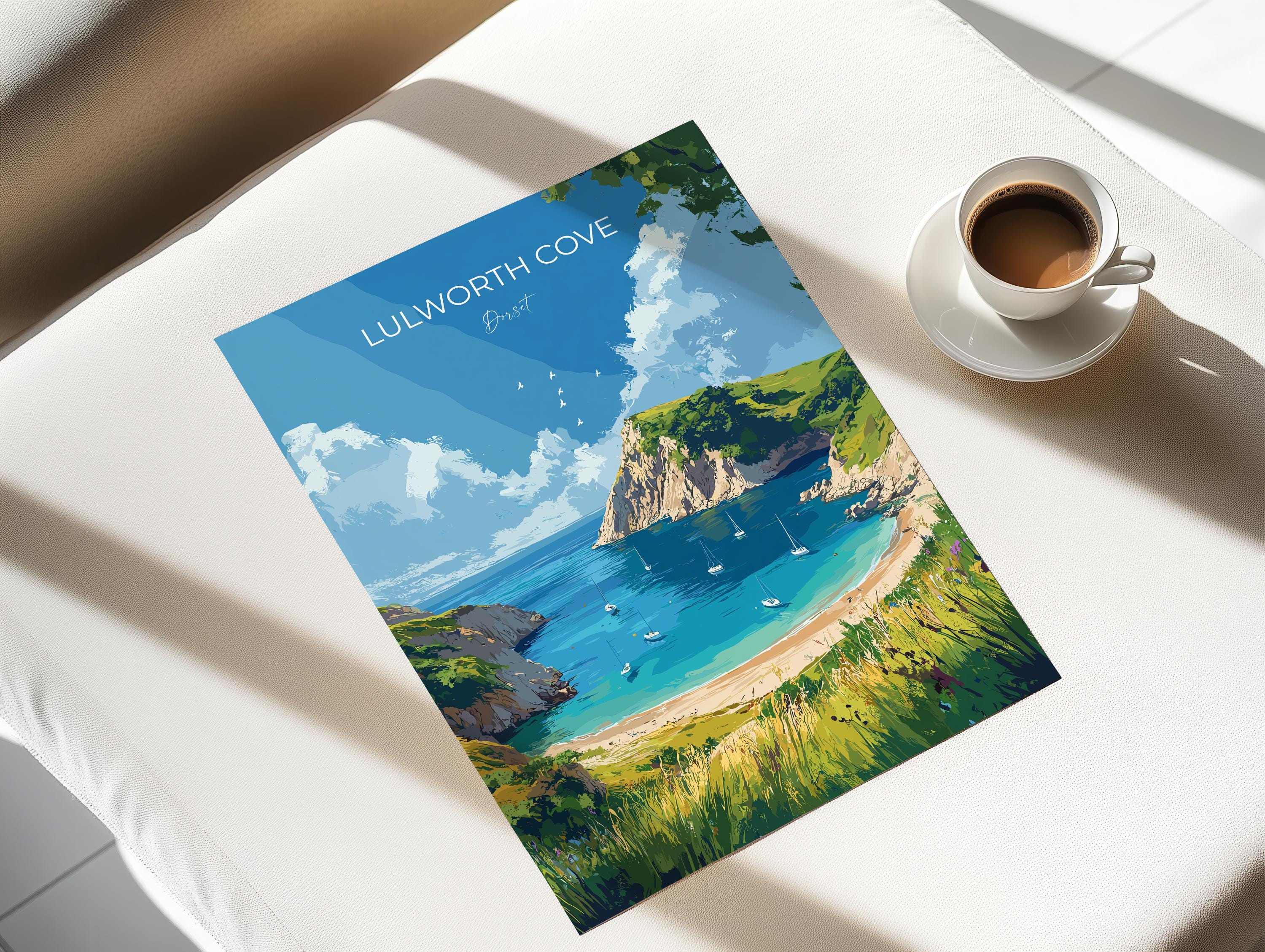 Lulworth Cove Travel Print, Travel Poster of Lulworth Cove, England, Dorset Coast Art Lovers Gift, Wall Art Print NQ Media Designs