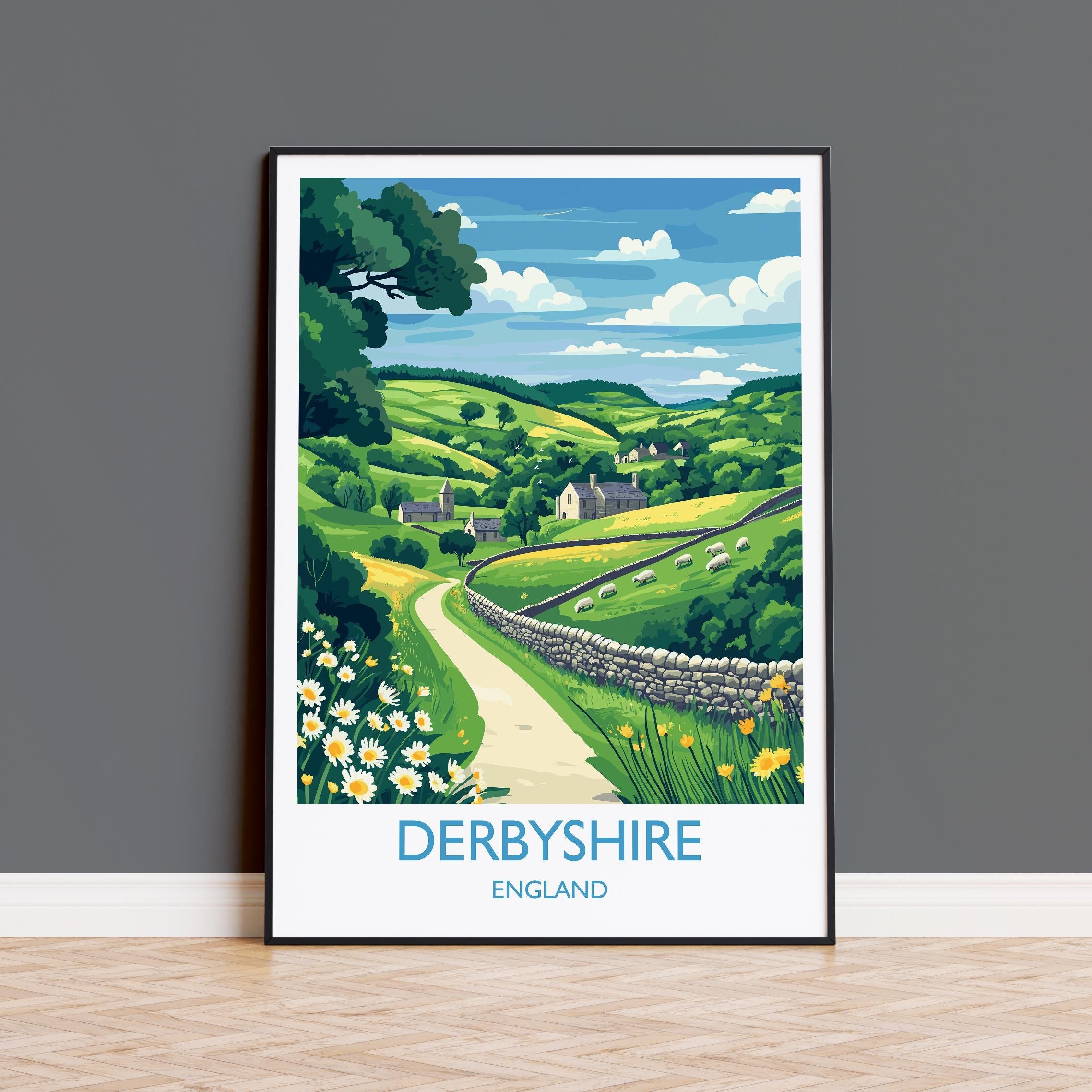 Derbyshire Travel Poster Wall Art, Derbyshire Travel Print, English Countryside Art Gift, Wall Art Print NQ Media Designs