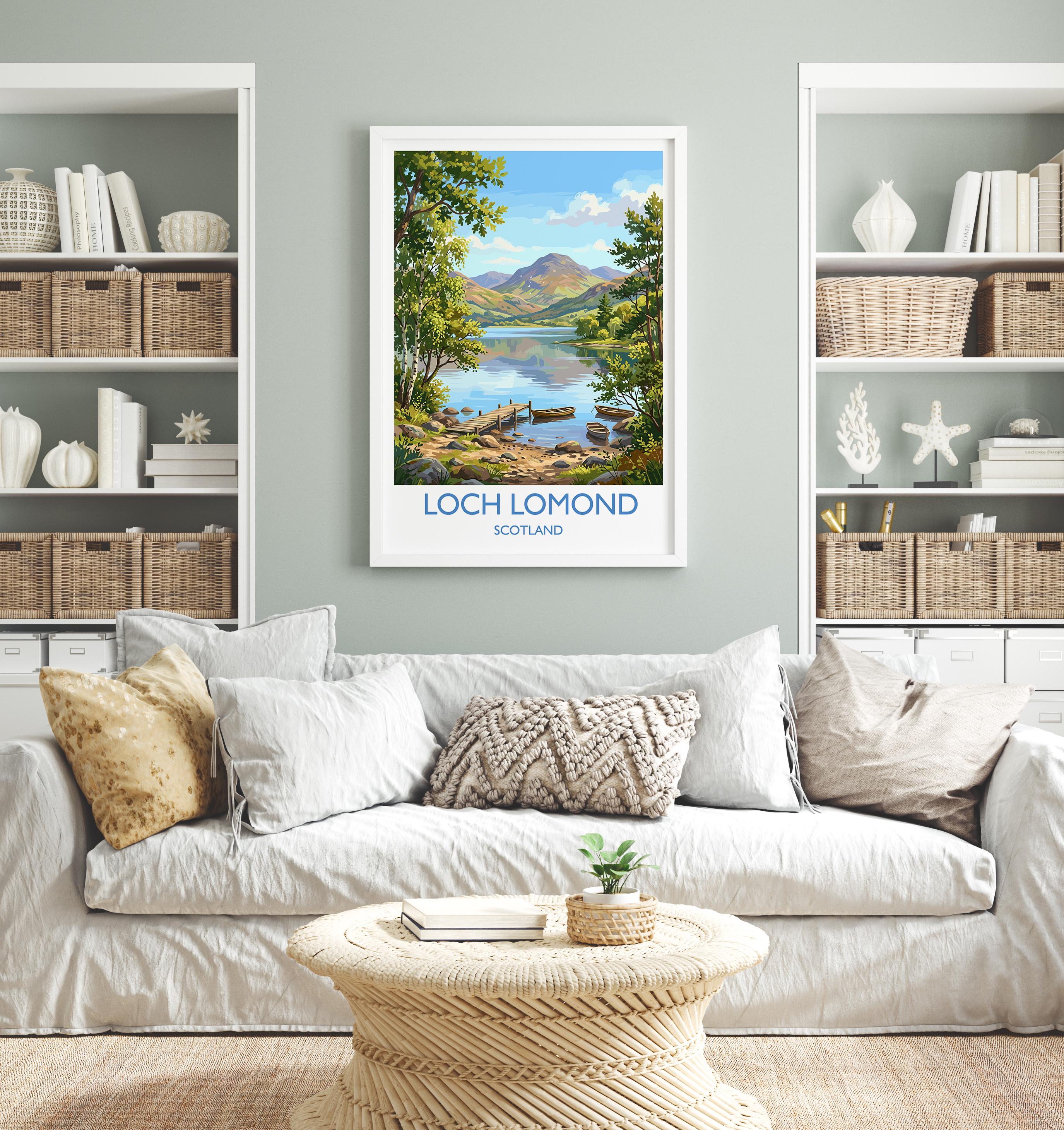 Loch Lomond Scotland Travel Poster, Scottish Highlands Wall Art, Scenic Loch Landscape Print, Nature Illustration, UK Decor, Scotland Gift
