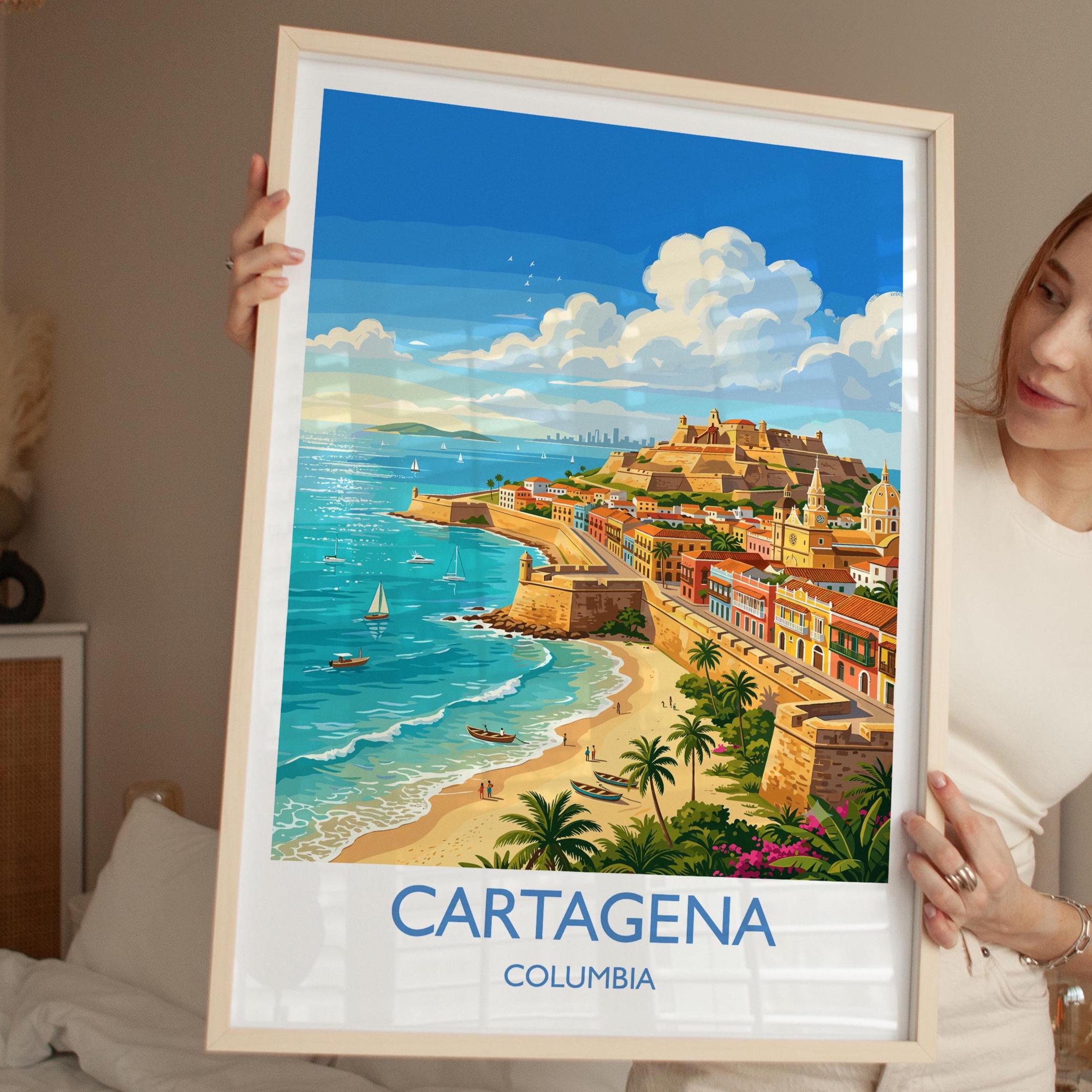 Cartagena Colombia Travel Poster, Colourful Old Town Street Art, Cartagena Street Scene Print, Caribbean Travel Wall Art, Vintage Style Art
