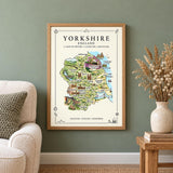 Yorkshire Illustrated Map Print, England Wall Art, Yorkshire Dales Poster, Framed or Canvas Print, Yorkshire Gift