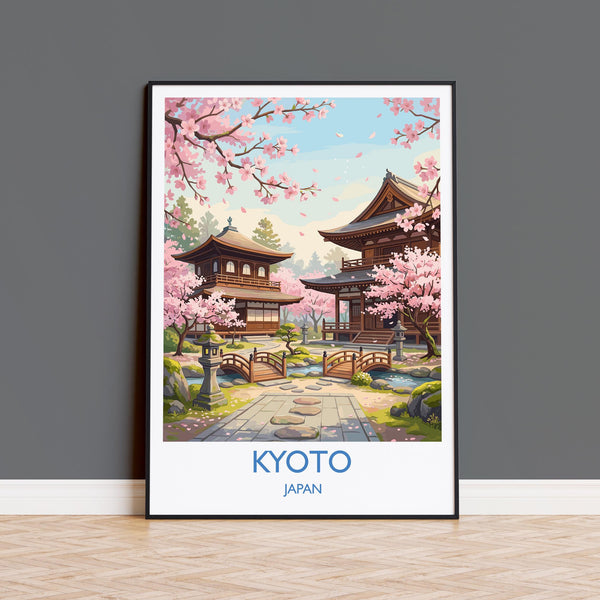 Kyoto Japan Travel Poster, Cherry Blossom Temple Wall Art, Japanese Landscape Print, Sakura Illustration, Asia Decor, Kyoto Gift