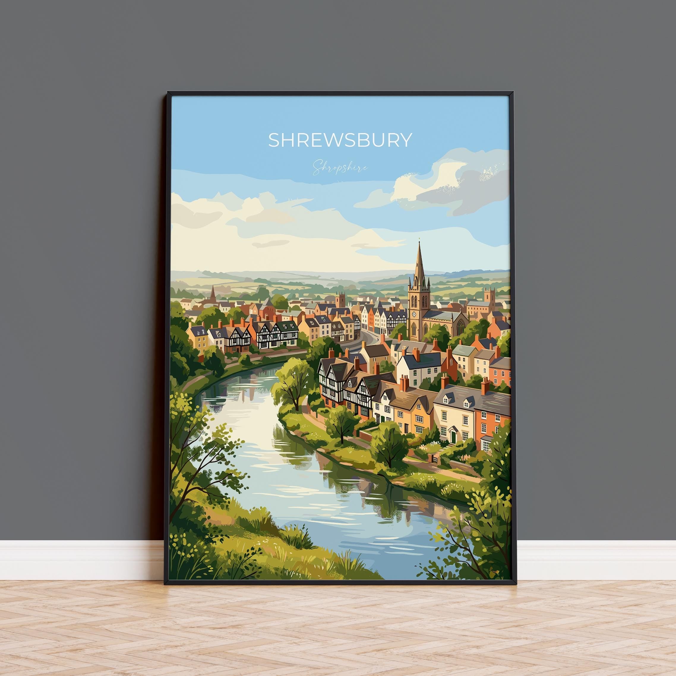 Shrewsbury Travel Print, River Severn Wall Art, Shrewsbury Town Poster, Historic Church Illustration, Shropshire Landscape, UK Decor
