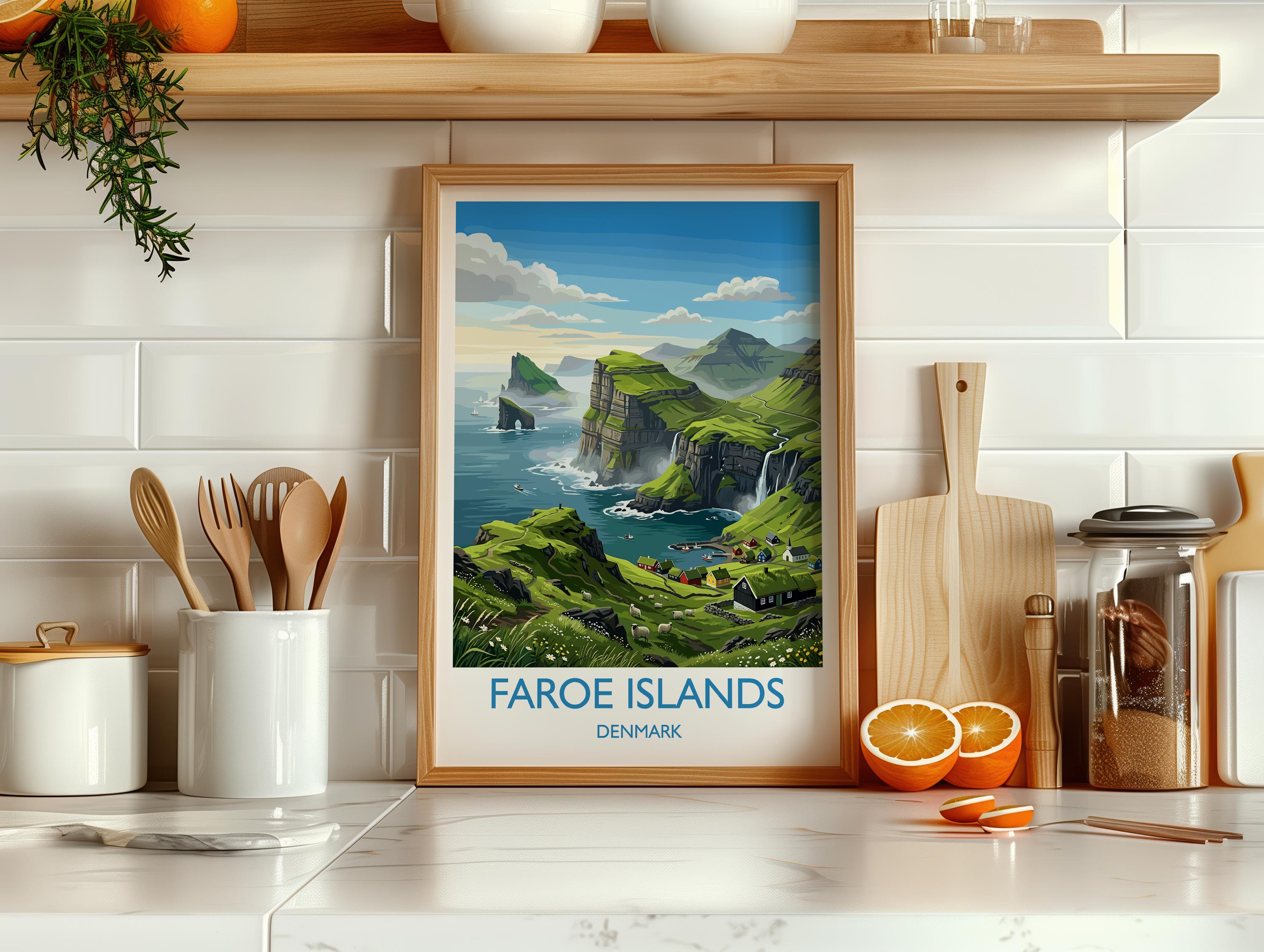 Faroe Islands Denmark Travel Poster, Faroe Islands Wall Art, Nordic Landscape Print, Dramatic Cliffs & Villages, Scandinavian Travel Decor