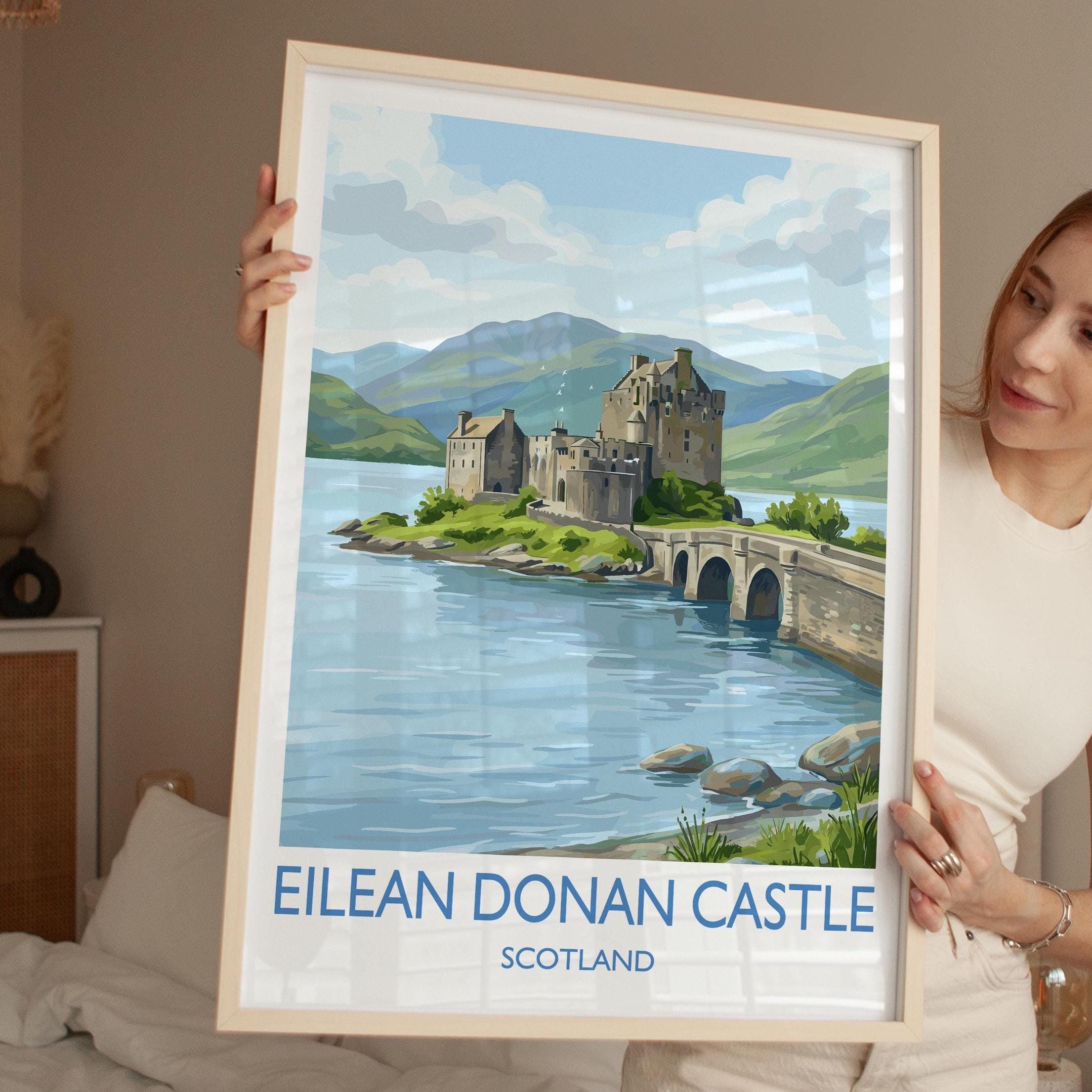 Eilean Donan Castle Scotland Travel Poster, Scottish Highlands Castle Wall Art, Landscape Print, Iconic Scotland Illustration, UK Decor