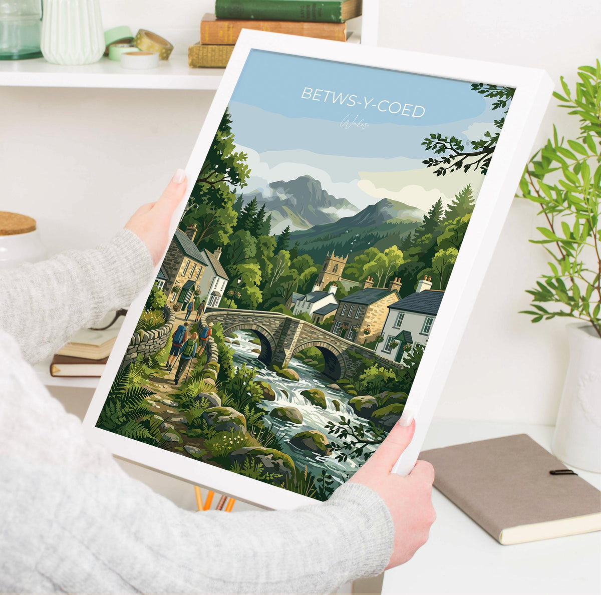 Betws-y-Coed Wales Print, Pont-y-Pair Bridge Poster, Snowdonia Wall Art with Border, Welsh Village Print, North Wales Gift Print