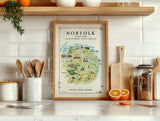 Norfolk Illustrated Map Print, England Wall Art, Norfolk Broads Map Poster, Framed or Canvas Print, Norfolk Gift