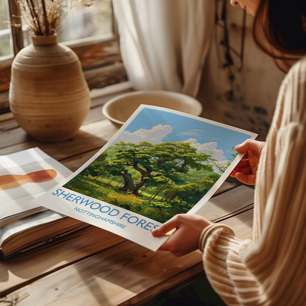 Sherwood Forest Travel Poster Wall Art, Travel Print of Sherwood Forest, Major Oak, Nottinghamshire, England Countryside Art Lovers Gift