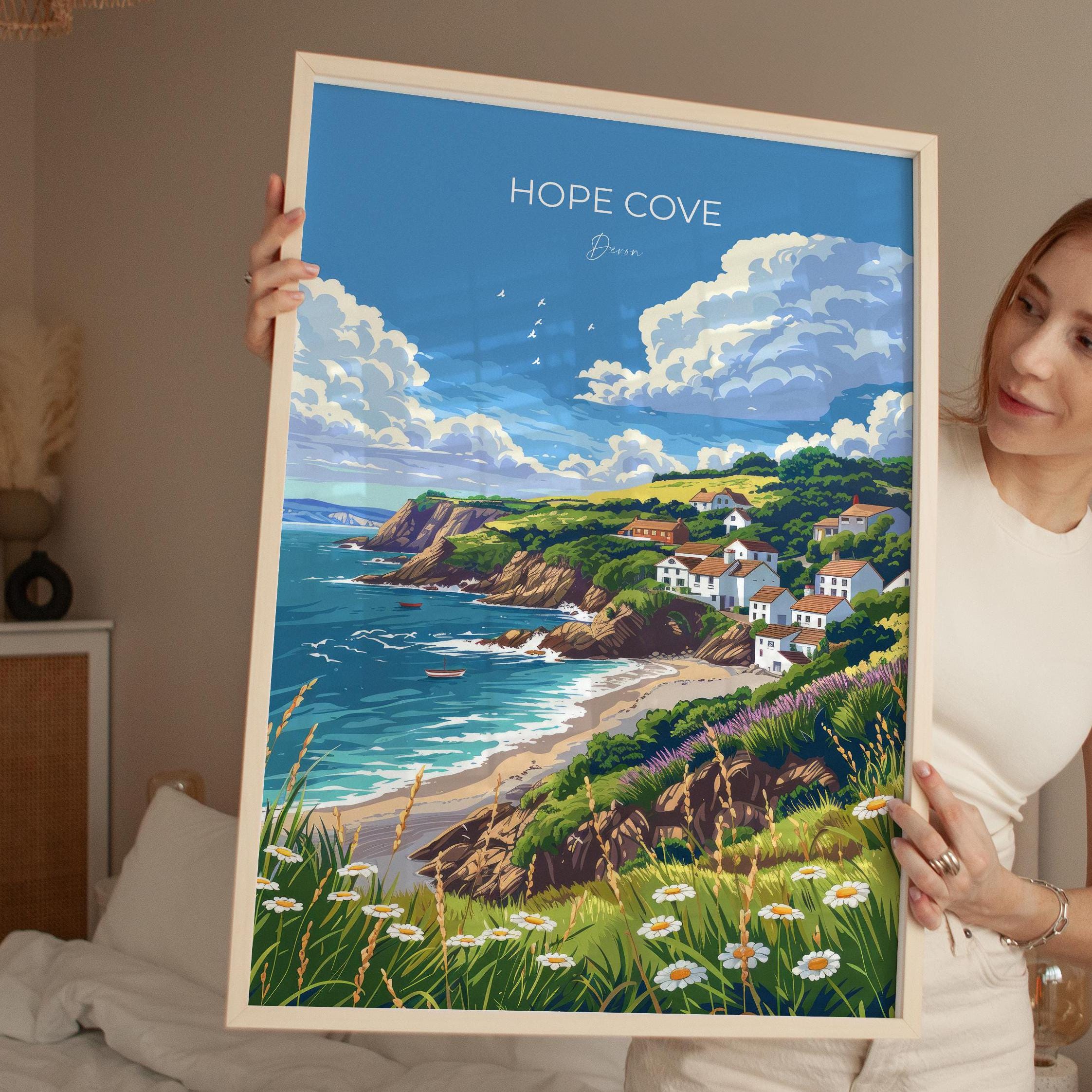 Hope Cove Travel Poster, Travel Print of Hope Cove, England, Devon Art, Hope Cove Art Lovers Gift, Wall Art Print NQ Media Designs