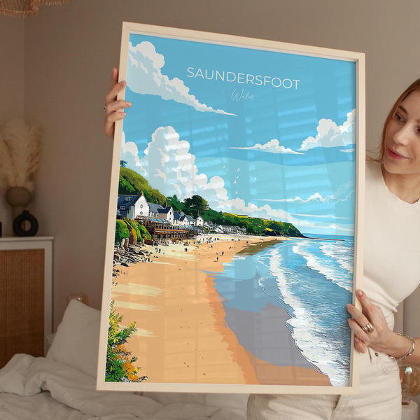 Saundersfoot Travel Poster – Pembrokeshire Coast Art | Welsh Coastal Print Wall Art