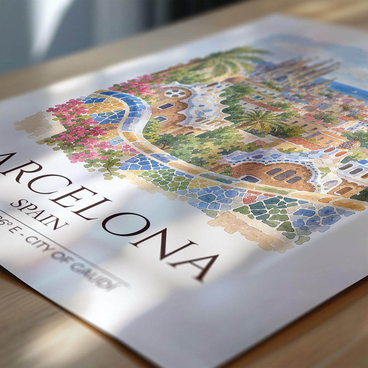 Barcelona Spain Watercolour Print, Sagrada Familia Wall Art, Park Güell Poster, Gaudí Architecture Print, Spanish Coordinates Print