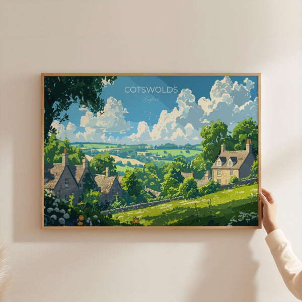 Cotswolds Landscape Travel Poster Wall Art, Travel Print of Cotswolds, Cotswolds Art Lovers Gift, English Countryside